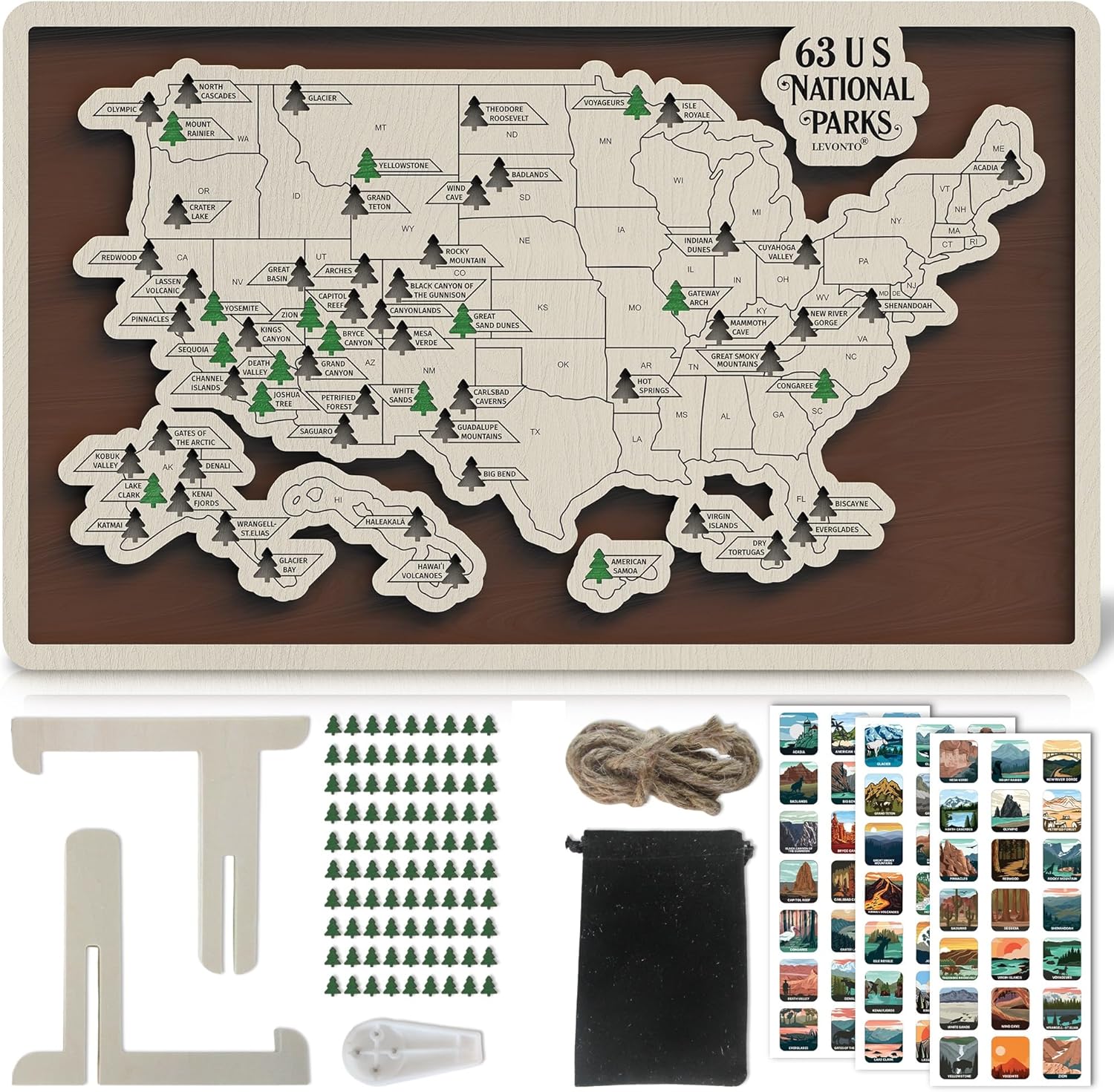 National Parks Map Tracker – US National Parks Checklist with Wooden Tree Pins, Travel Wooden Map Gift for Hikers, Campers, Couples, Families – Father’s Day, Mother’s Day, Birthday (BROWN)