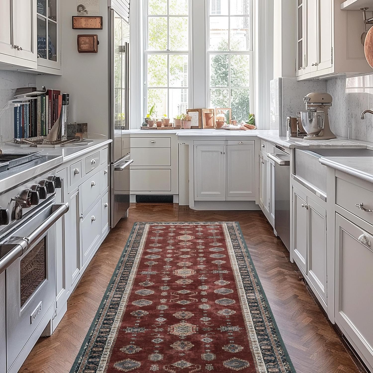 StangH Washable Runner Rug 2x8 Low-Pile Pet Friendly Hallway Rug Runner Print Red Vintage Christmas Rug Soft Faux Wool Non-Slip Floor Carpet for Kitchen Living Room Laundry