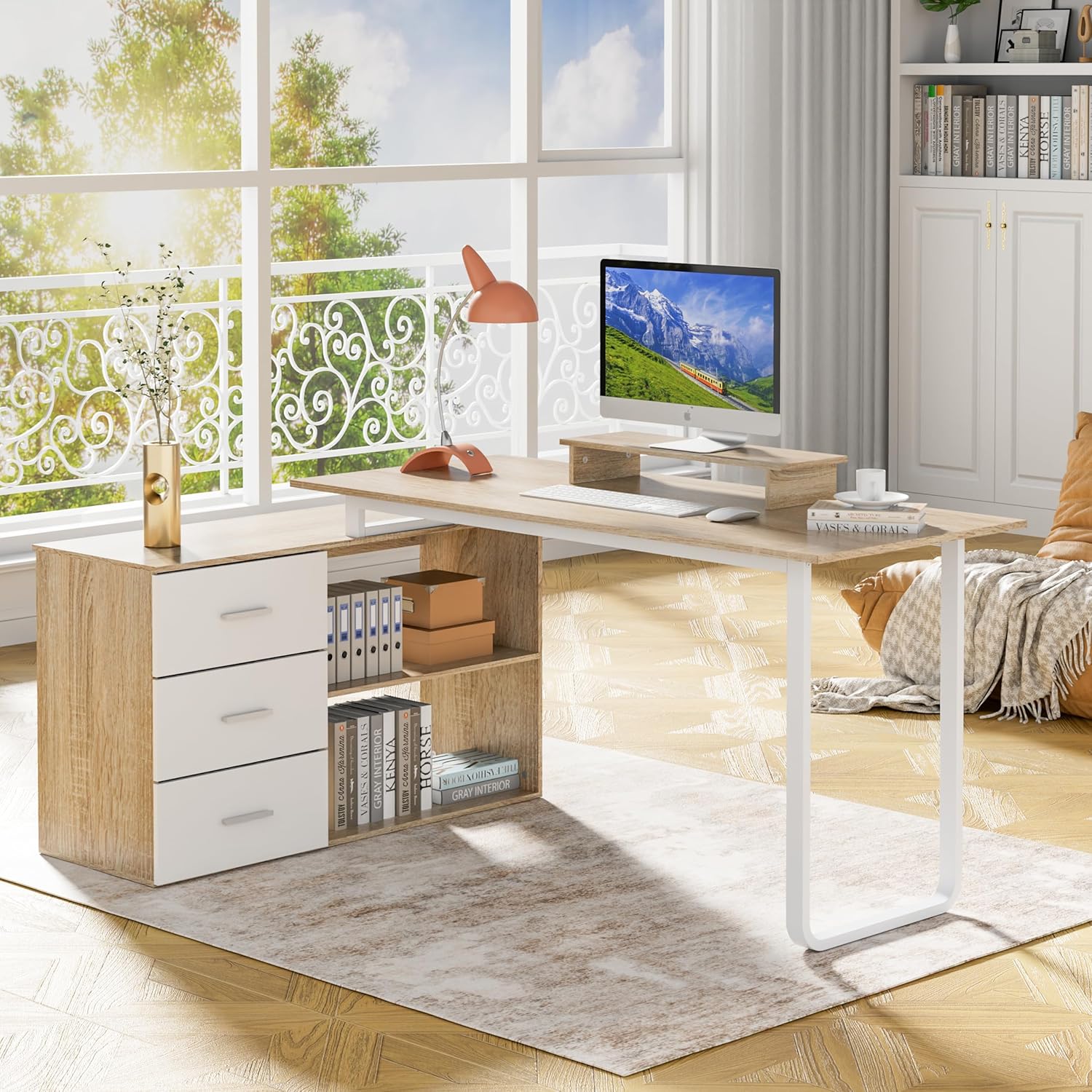 Anbuy LShaped Computer Desk with 3 Drawers and 2 Shelves