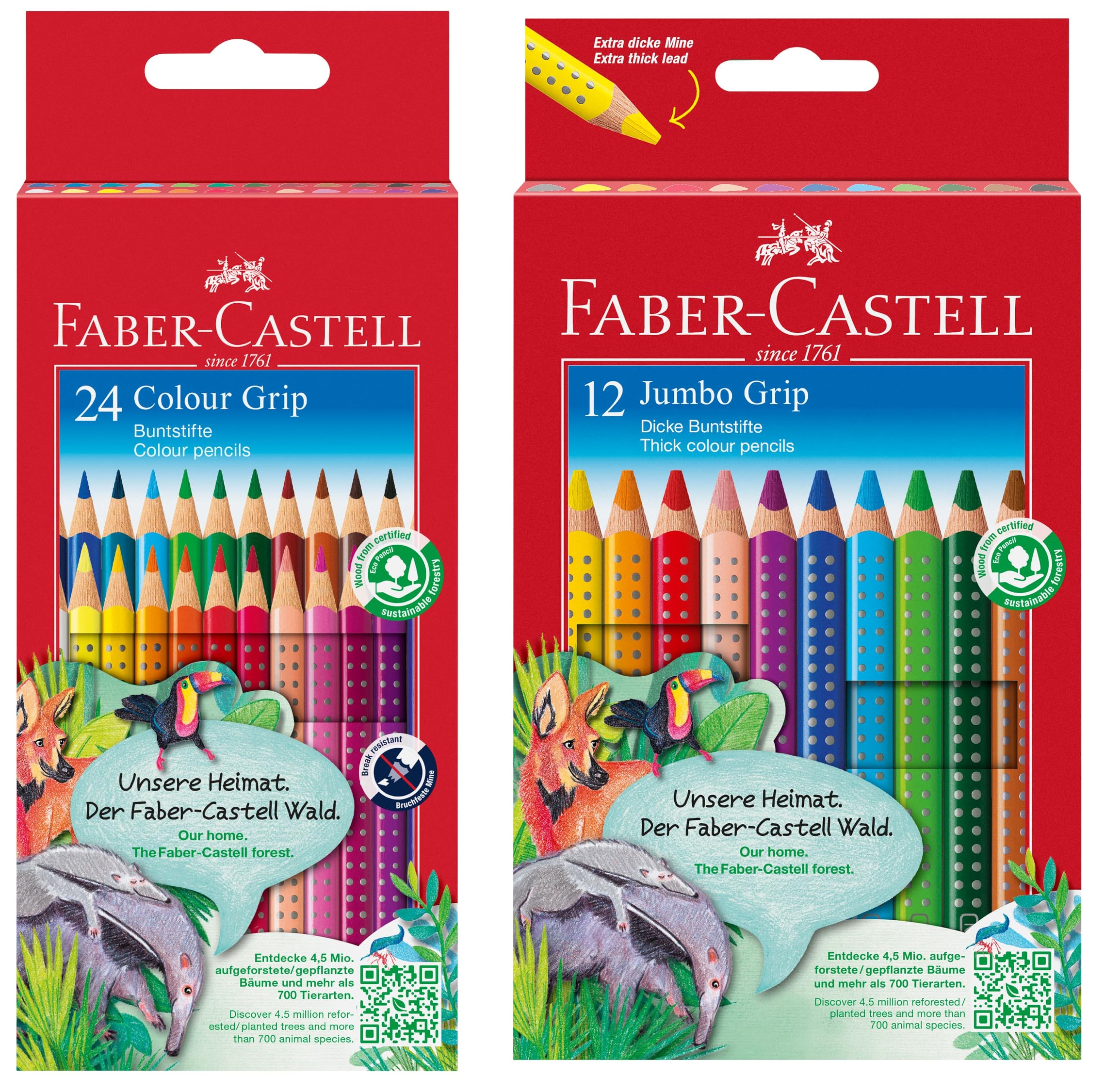 Faber-Castell 110912 Jumbo Grip Buntstifte für Kinder, Malstifte mit Grip und dreieckigem Schaft, wasserlöslichen Pigmenten, leicht auswaschbar und bruchsicher (12er Set + 24er Slim Set)