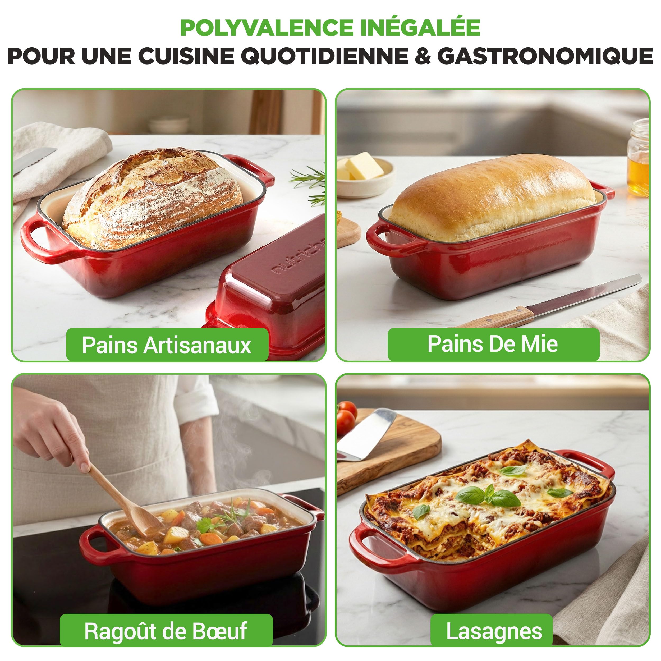 NutriChef Moule à Pain en Fonte Émaillée avec Couvercle - Cocotte Rectangulaire Dutch Oven pour Pain Levain, Double Moule Réversible, Four 260°C, Gants Silicone, Lasagne, Ragoût, Cake, 23x13 cm