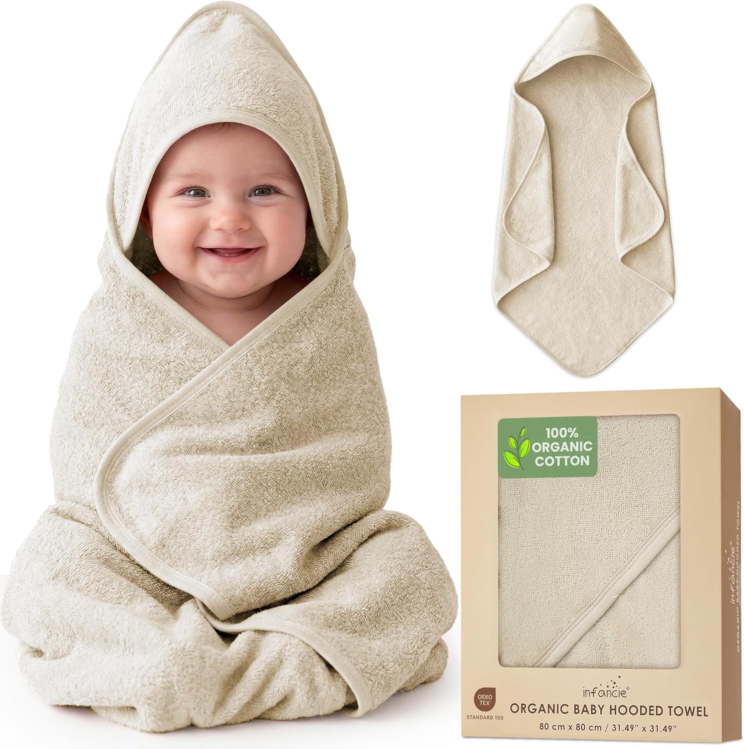 100% Organic Cotton Plush Woven Hooded Baby Bath Towels - Soft and Absorbent 31x31 Inches for Newborns and Kids, Hooded Baby Towels, Premium Infant Towels (Ivory)