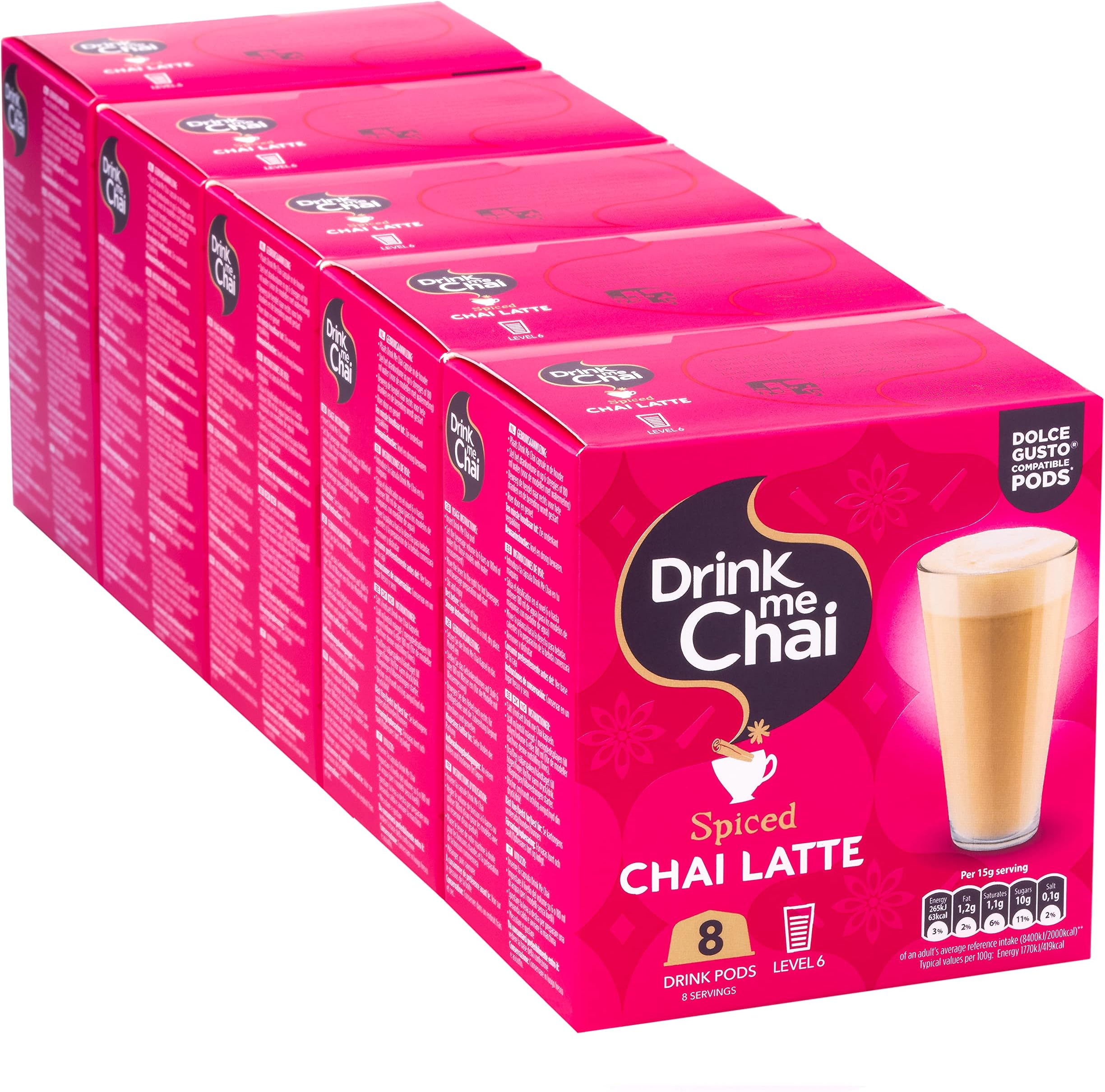 Drink Me Chai Spiced Chai Latte Dolce Gusto Compatible Pods 8 Pods x 5 Boxes (40 Chai Latte Pods, 40 Servings Total)
