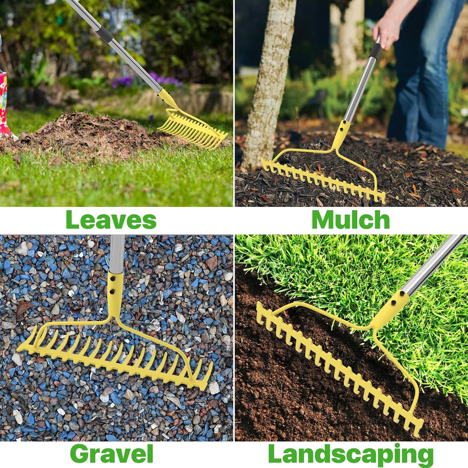 Garden Rakes for Lawns Heavy Duty, 6 FT Bow Rake for Leaves, 17-Tines Metal Rake with Stainless Steel Handle for Yard Leveling, Landscape, Loosening Soil, Yellow