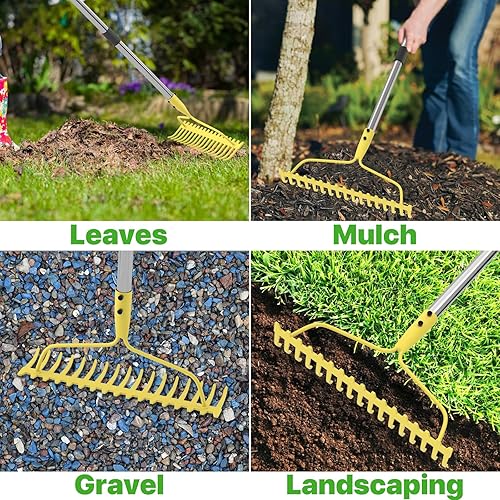 Miniatura 7 de Rastrillos de jardín para césped resistentes, rastrillo de arco de 6 pies para hojas, rastrillo de metal de 17 dientes con mango de acero inoxidable