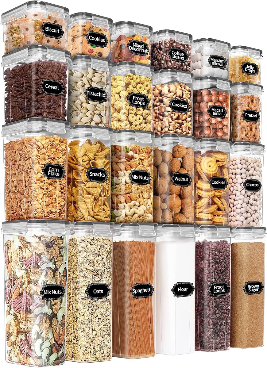 Airtight Food Storage Containers Set with Lids - 24 PCS, BPA Free | Multiple Sizes Cereal Containers Storage Set, Pantry Organizers and Storage for Cereal Flour & Sugar - Labels & Marker (Grey)