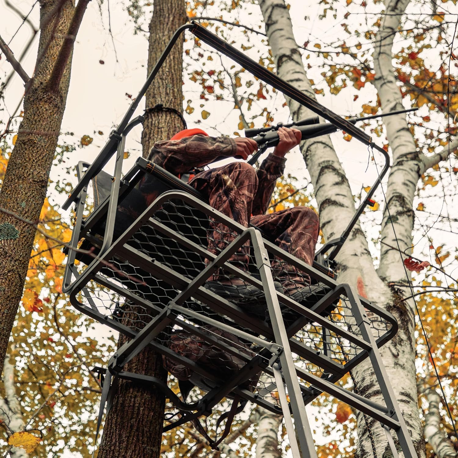Rivers Edge TwoPlex LS 2-Man Ladder Stand, 17’1” Height, Lockdown Strapping System, Flip-Up TearTuff Mesh Bench Seat, 40” Wide Platform, 2-Way Adjustable Shooting Rail, RE669