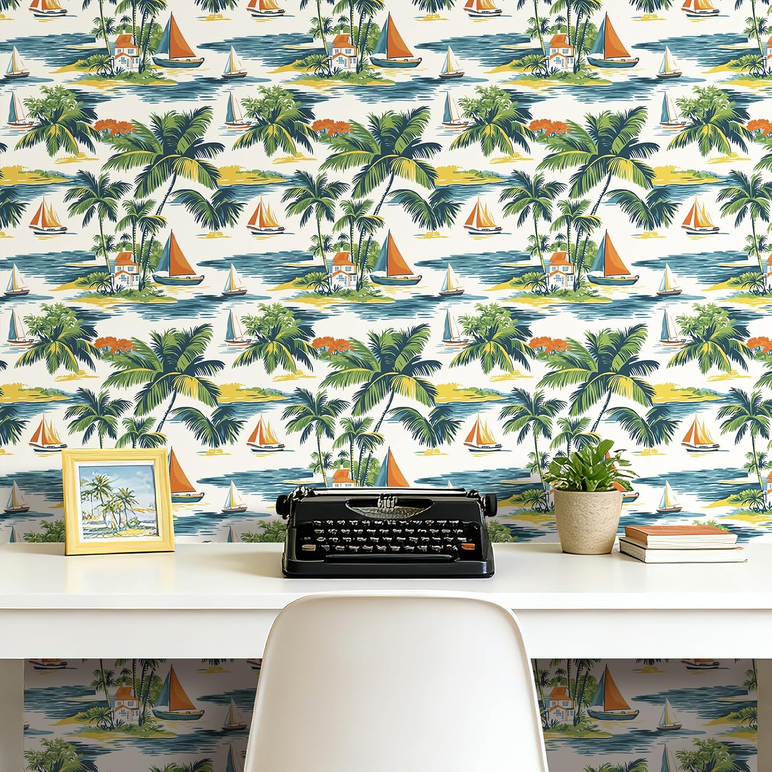 Stickyart 17.5"x276" Peel and Stick Nautical Tropical Wallpaper for Wall Retro Bohemian Coastal Tropical Contact Paper Palm Tree Sailboat Beach House Island Scenery for Bathroom Bedroom Vacation Home