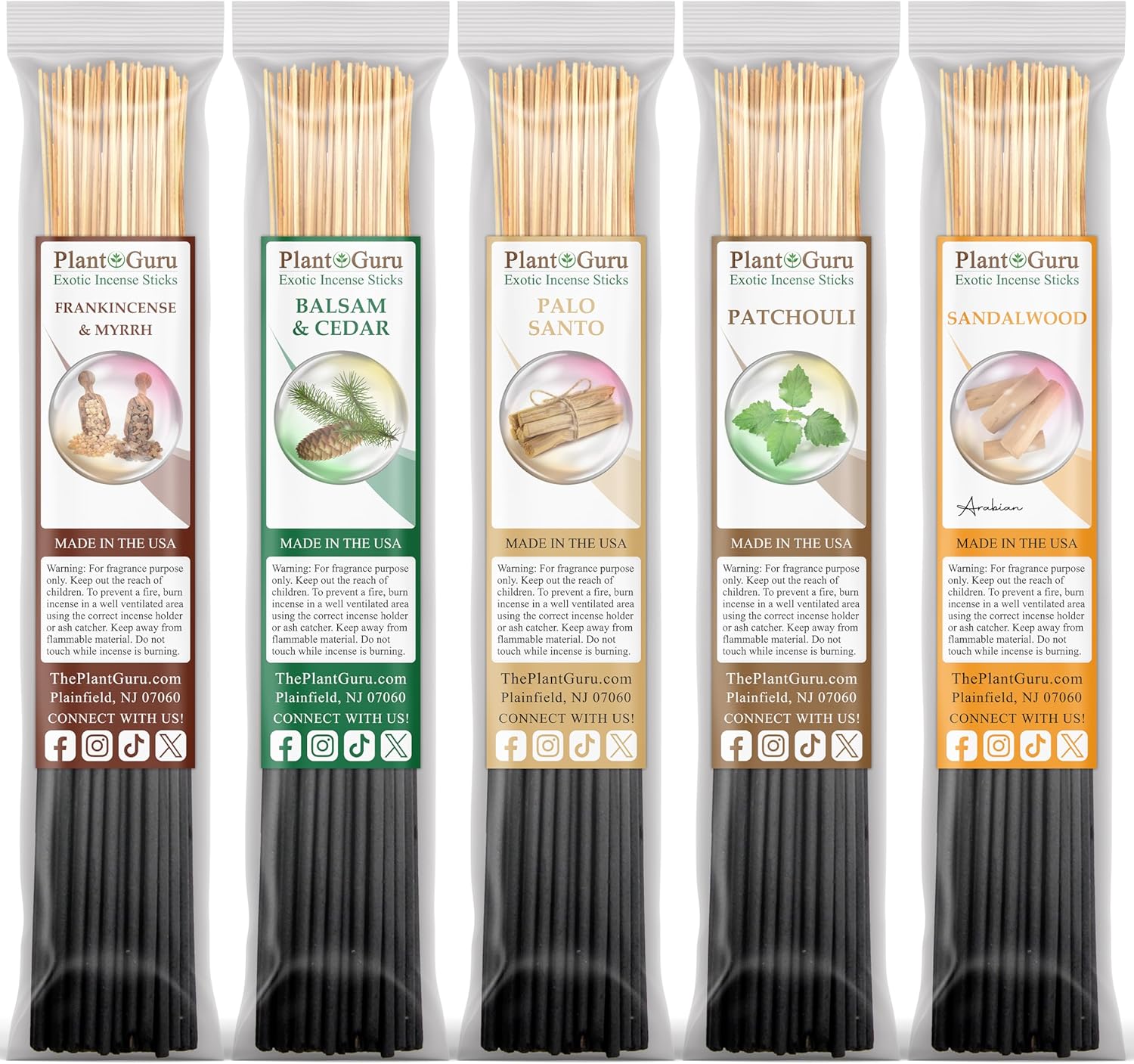 Earth and Wood Incense Sticks Variety Set Bulk 500 Pack Sampler 11" Sticks - 5 Bundles of 100 Sticks Per Bundle. Frankincense and Myrrh, Balsam and Cedar, Palo Santo, Patchouli, Sandalwood.