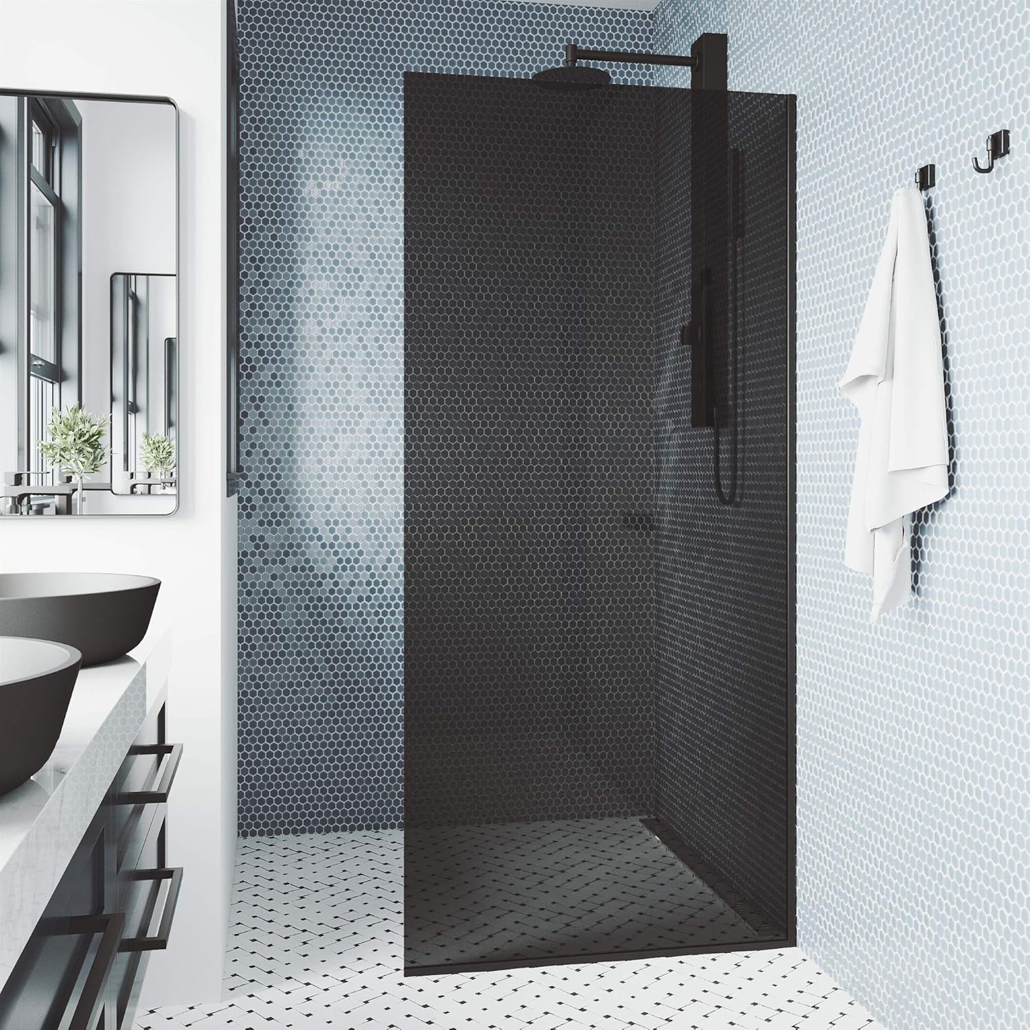 VIGO Zenith 34 in. W x 74 in. H Frameless Fixed Shower Screen Door in Matte Black with 3/8 in. (10mm) Black Tint Glass-VG6075MBBLK3474