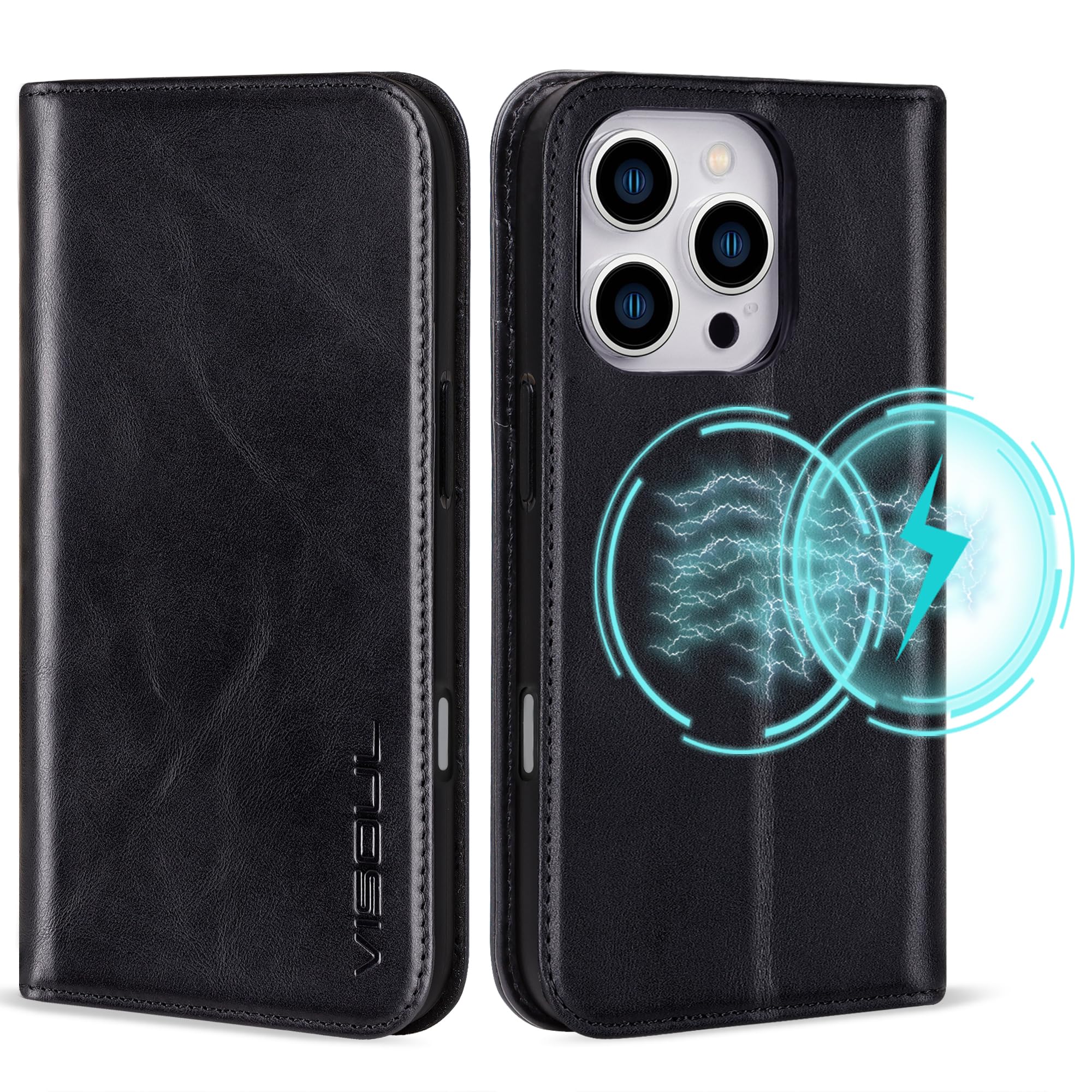 VS VISOUL Hülle für iPhone 16 Pro max,Schutzhülle Echt Leder Schützt vor Stoß Kartenfach Magnetverschluss Stand klappbar handyhülle Handytasche Etui Case für iPhone 16 Pro max Schwarz A