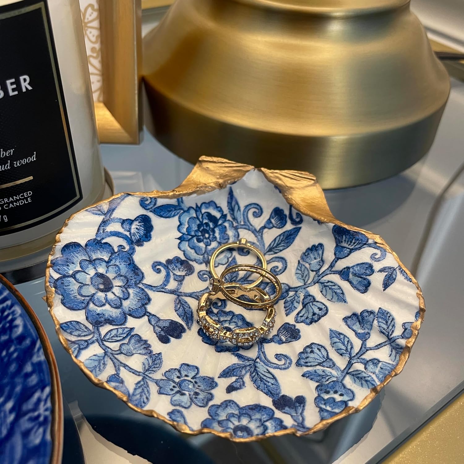 Blue Floral Lace Trinket with Pearl Earrings, Chinoiserie Home Decor Jewelry Ring Dish Gifts for Women Mom Mother Wife Bride Birthday Wedding Engagement Valentines Mothers Day Room Decor Gift Box