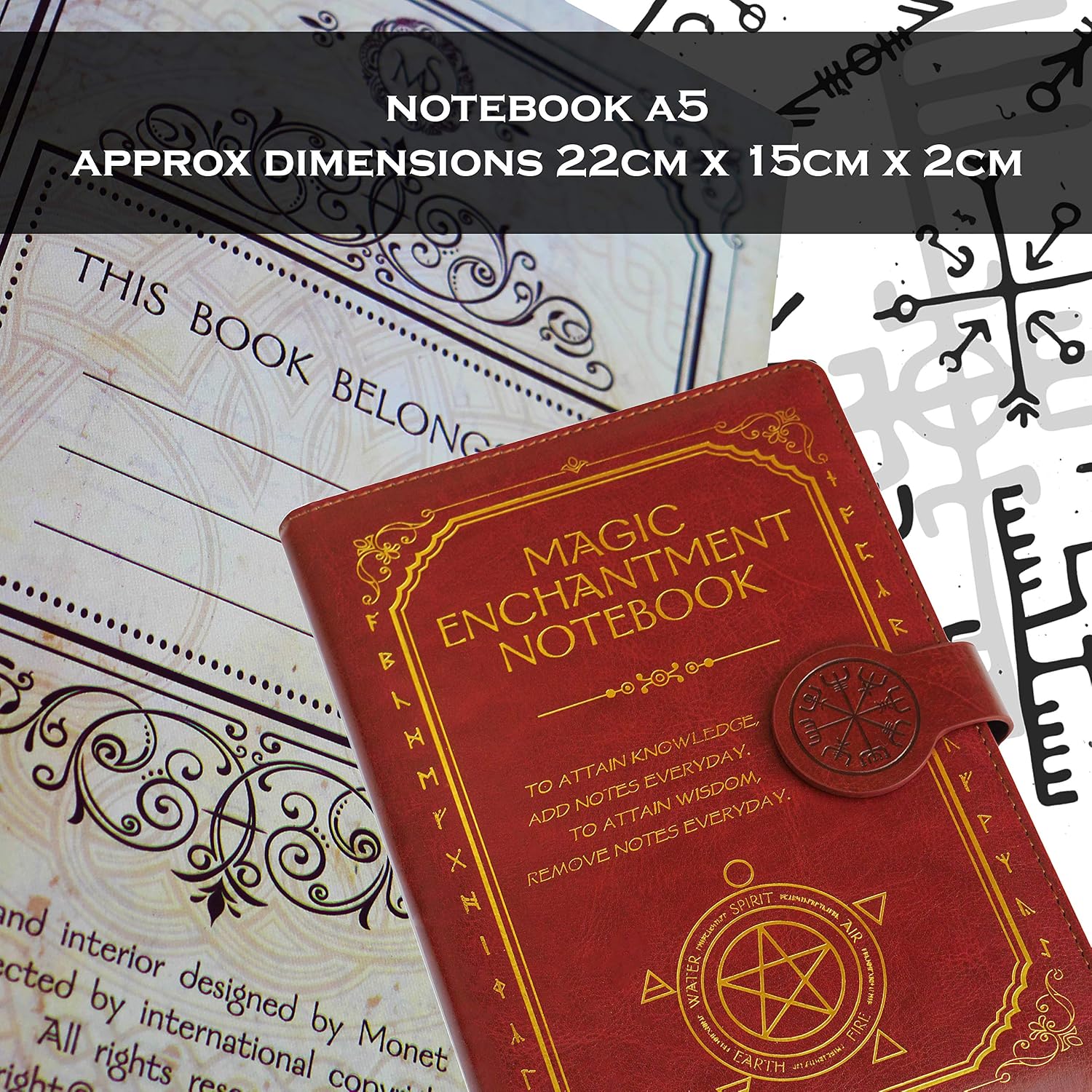 Monet Studios Magic Composition Notebook Notepad with Pencil Wand - Novelty Spell Book A5 8.5 x 5.5 inches Journal with Magical Runes Stationery Set (Red)