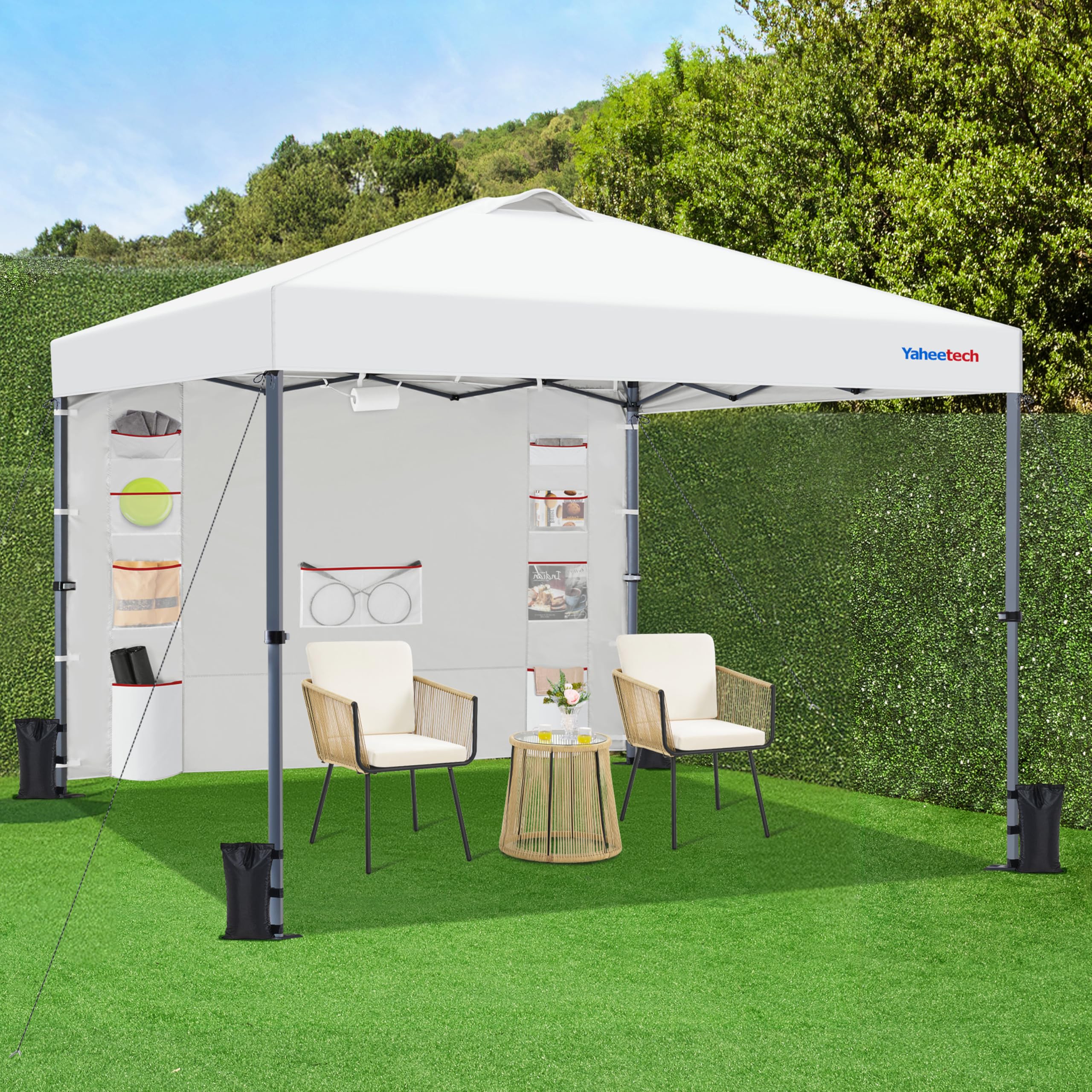 Yaheetech Gazebo da giardino a Una Spinta con 1 Parete Laterale Stabile 9 Tasche Portaoggetti Tenda Esterno Pop up Altezza Regolabile Impermeabile per Festa Eventi