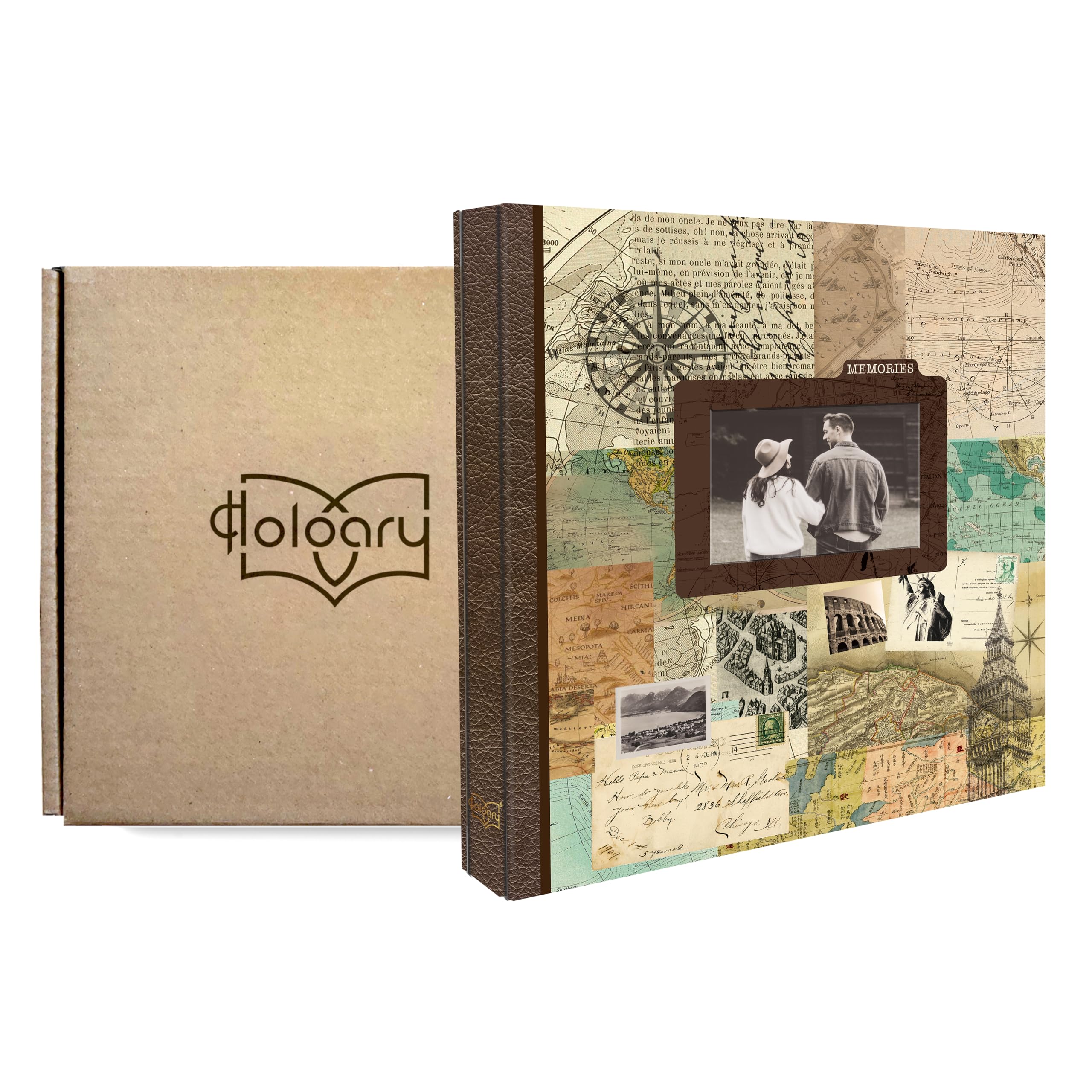 Holoary Fotoalbum, für Fotos 10,2 x 15,2 cm, 500 Fotos, 5 Bilder pro Seite, mit Fotorahmenfenster, 500 Taschen für Fotos, bedruckter Bucheinband, Reise-Design, Weltkarte im Abenteuer-Stil