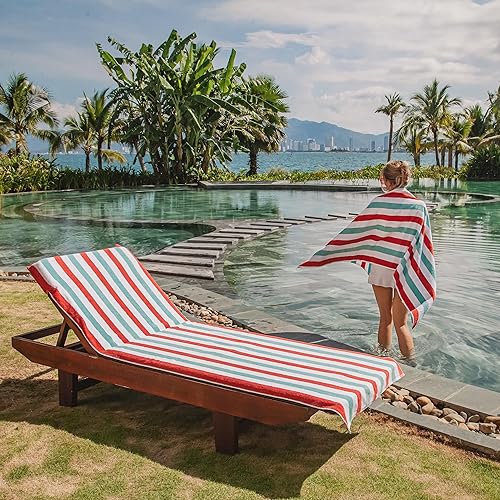 Miniatura 6 de Arkwright Cabo Chaise Lounge Cover - Paquete de 2 toallas de algodón suave a rayas con soporte de bolsillo para silla de playa, piscina al aire