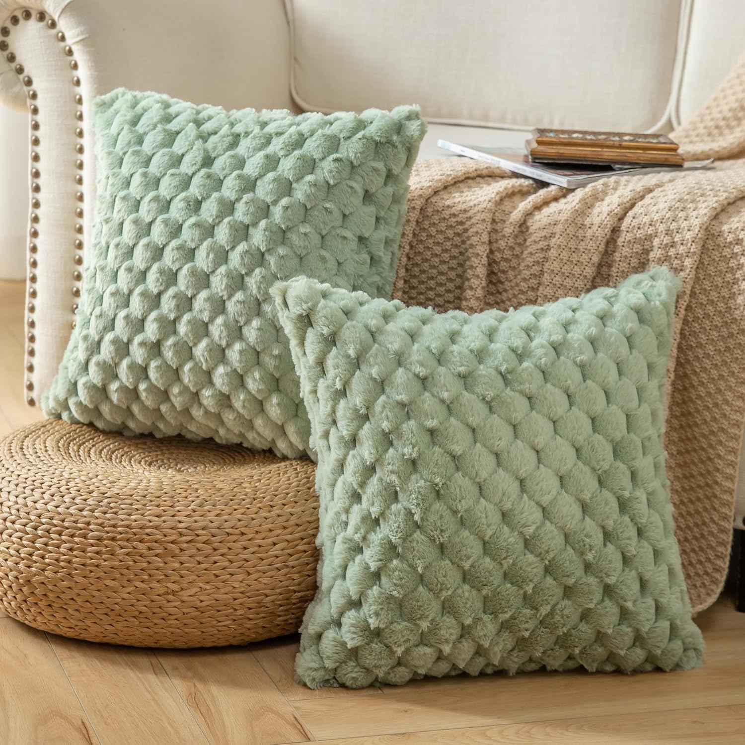 Pack of 2 Super Soft Throw Pillow Covers 18x18 Inch Faux Fur Plush Pillowcase Luxury Cozy Fluffy Decorative Cushion Cover for Sofa Couch Bed Livingroom Sage Green - Image 2