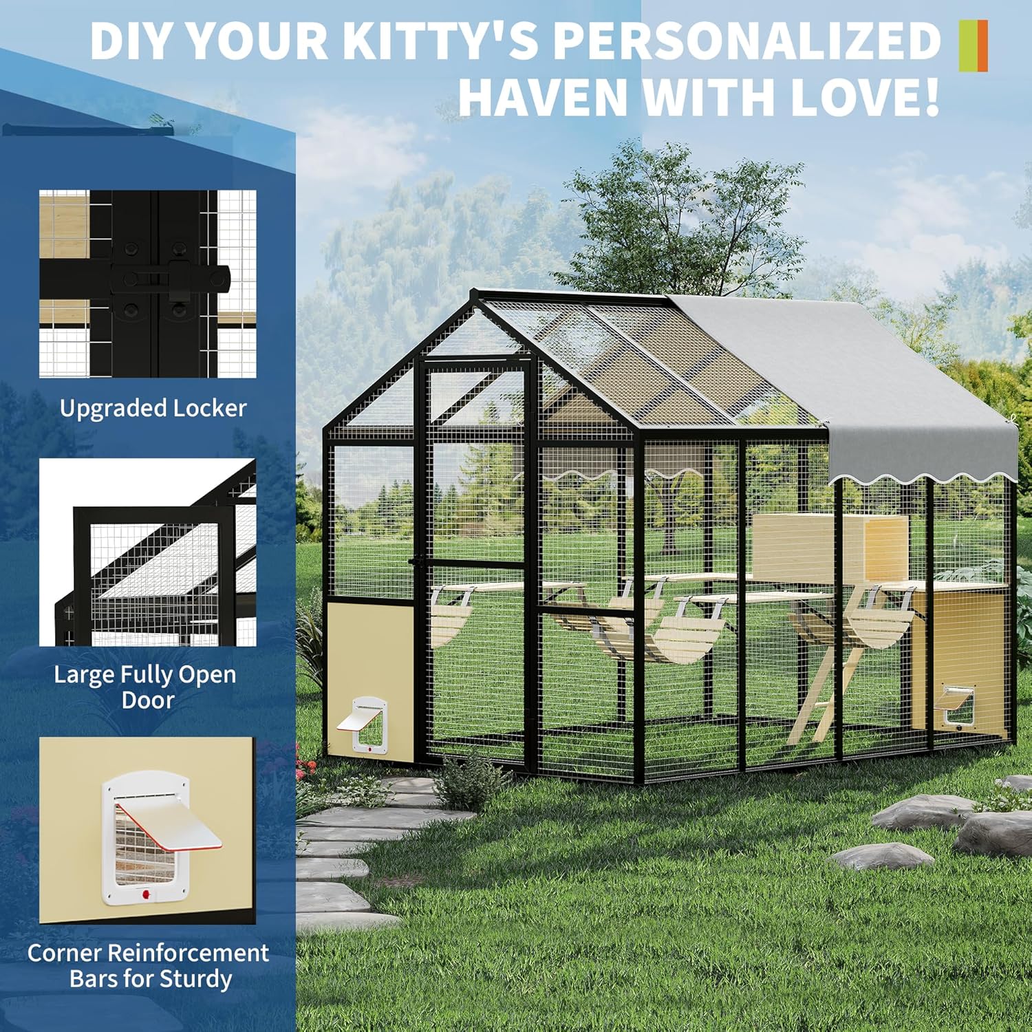 Aluminum Extra Large Outdoor Catio Enclosure for Multiple Cats – Walk-in Cat Run with Channels, Side Door, UV-Proof Cover & Platform