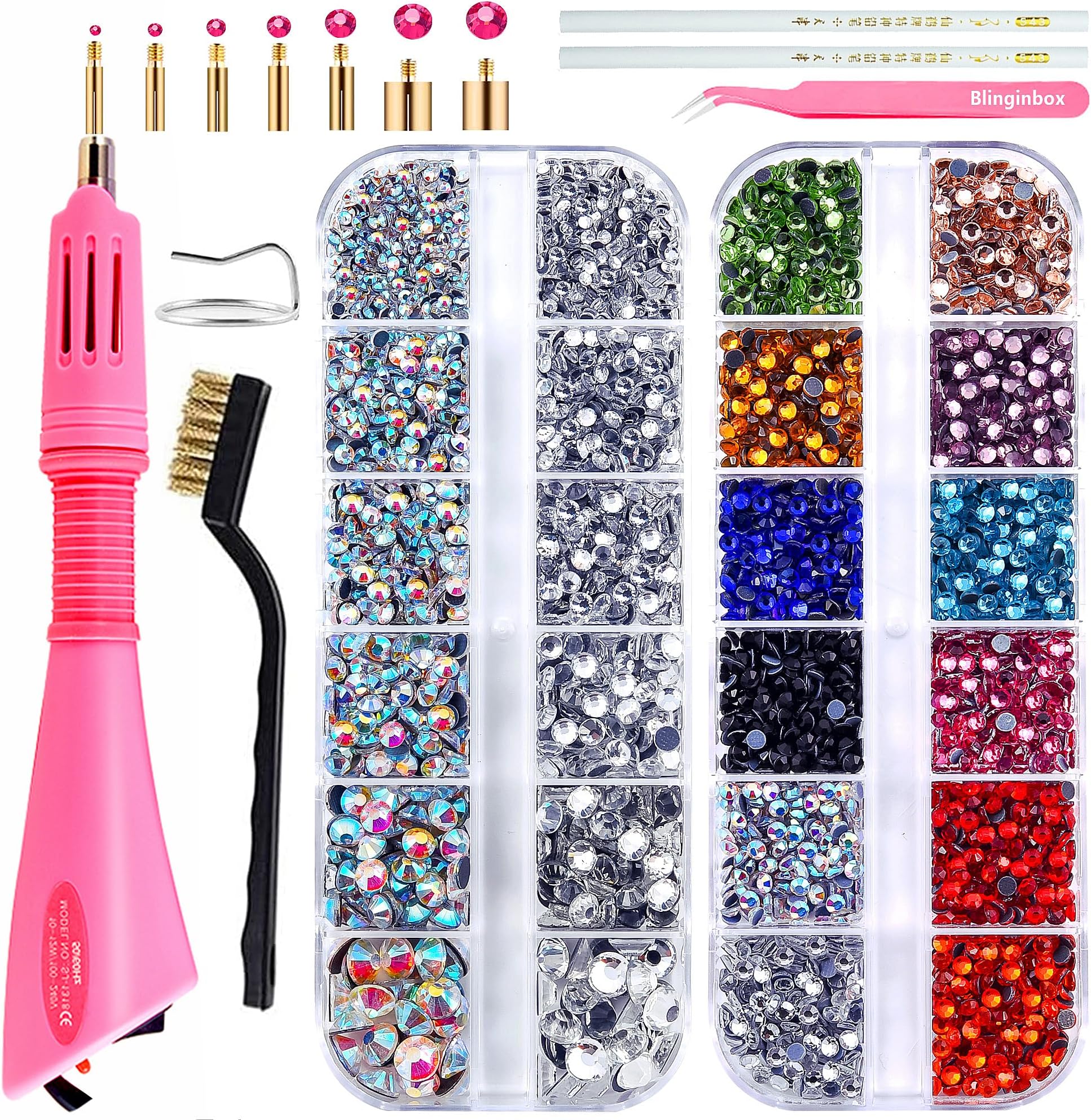 Blinginbox Hotfix Applicator Tool 2 Boxes of 4000 pcs Rhinestone with Flat Back Gems Round Hotfix Rhinestone for Clothes and Shoes