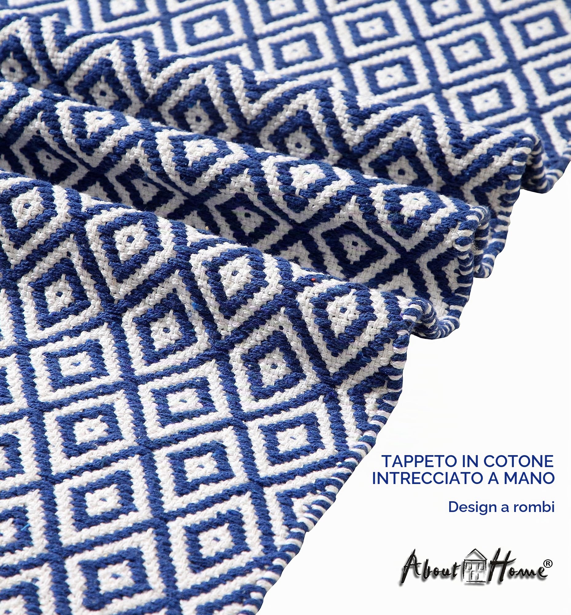 Tappeto in cotone intrecciato a mano stile runner (blu, 60 x 240 cm)
