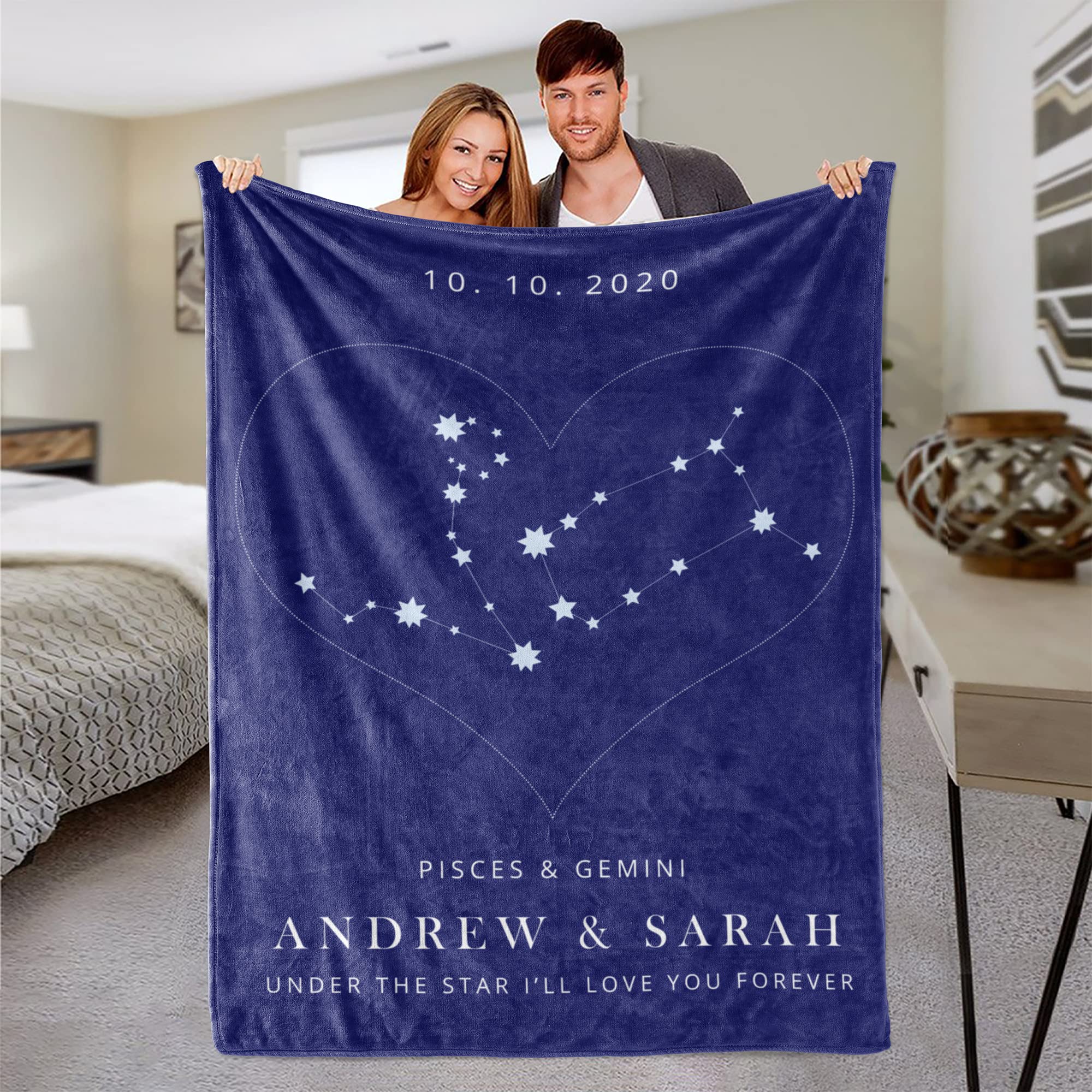 Manta personalizada con nombre del signo del zodiaco, manta personalizada con nombre, fecha, manta para parejas, regalo romántico de San Valentín, manta de forro polar suave personalizada, regalo