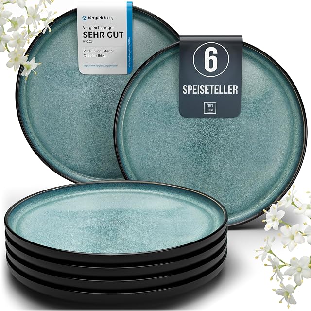 Steingut Teller Groß 6 Personen Ibiza TESTSIEGER, Traumhaftes Mediterranes Steingut Speiseteller Set, Stylisches Essteller Set, Pure Living in Petrol