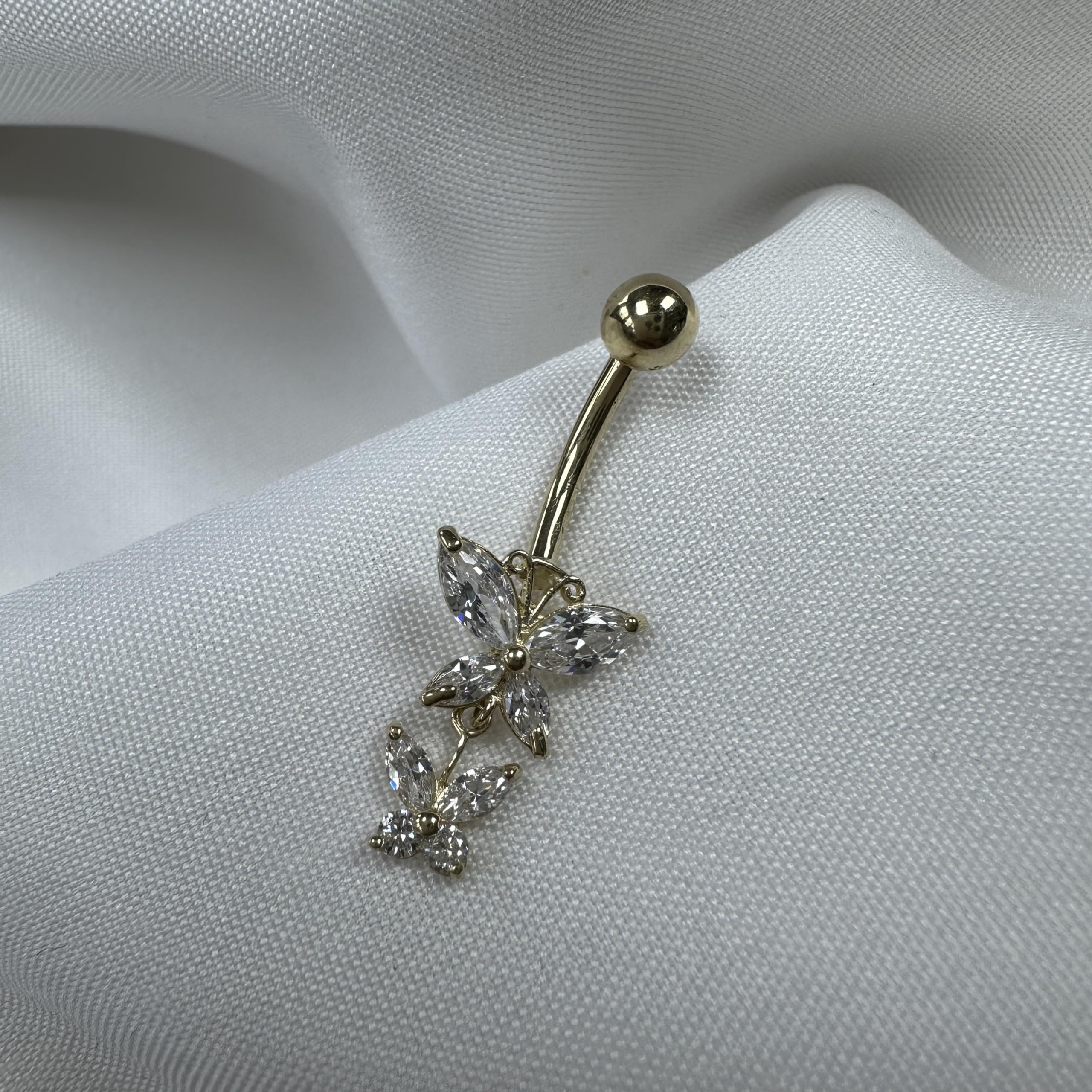 Piercing per ombelico in oro giallo 9kt con due farfalle (di cui una pendente) di pietre Cubic Zirconia CZ - chiusura a sfera