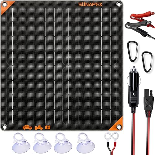 SUNAPEX Mantenedor de cargador de batería de panel solar de 20 W 12 V, cargador solar portátil impermeable con controlador de carga integrado,