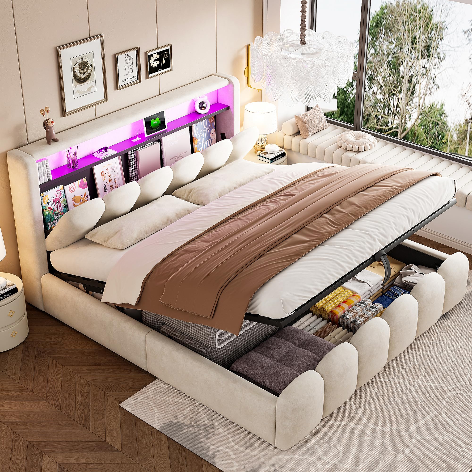 Sapgaks Lit 180x200 avec Sommier LED et USB C, Lit Coffre 180x200 avec Rangement et Tete Réglable, Capitonné Double avec à Lattes, Rembourré 2 Personnes Cadre de Velours(sans Matelas)