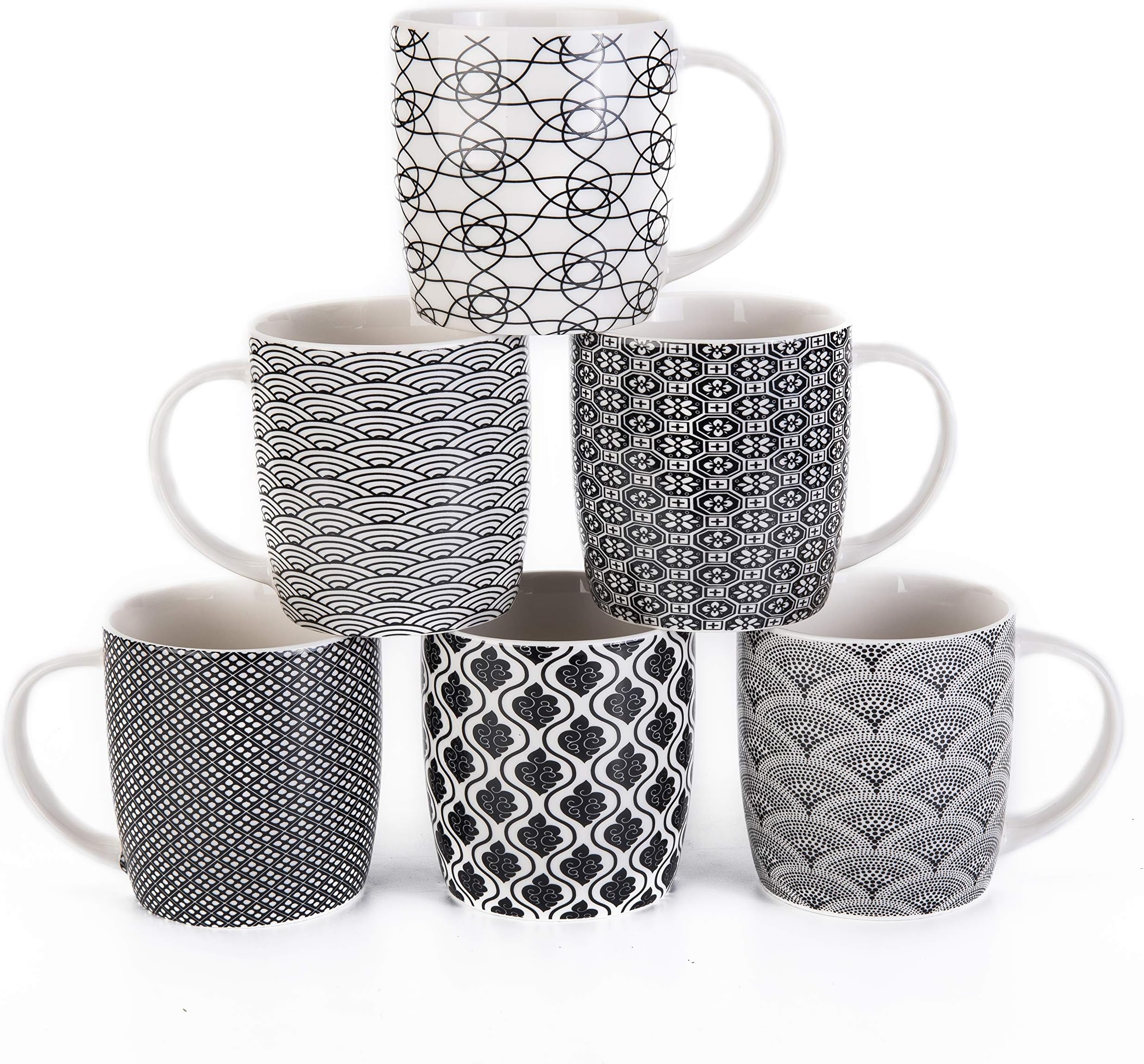 Set of 6 11.5 oz Coffee Mugs with Black and White Geometric Patterns, Ceramic Tea Cup Set