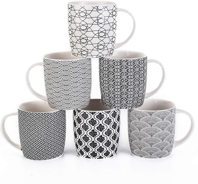 Set of 6 Coffee Mugs 340 ML/11.5 oz with Black and White Geometric Patterns, Ceramic Tea Cup Set 6 Pack (Black Mug Set of 6)