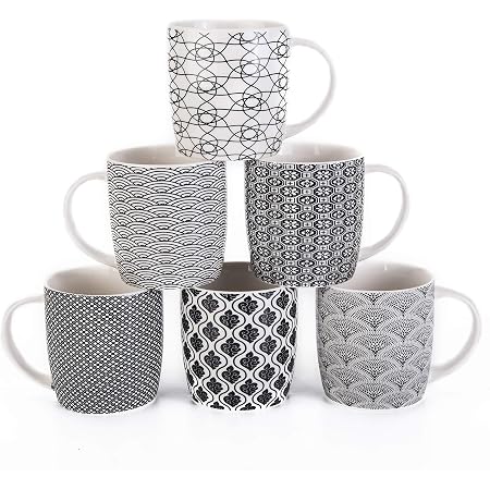 6er-Set Keramik-Kaffeetassen – Schwarz-weiß, Geometrisch & Mikrowellengeeignet