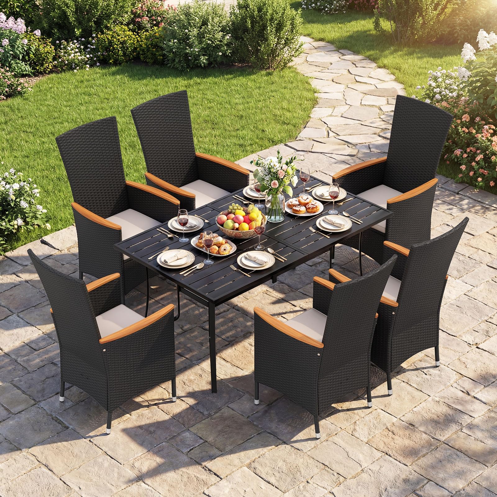 COSTWAY Gartenstühle Hochlehner 2er Set, Rattan Gartensessel, Terrassenstühle mit Sitzkissen, wetterfeste Balkonstühle bis 180 kg belastbar, für Garten, Balkon & Terrasse (Beige)