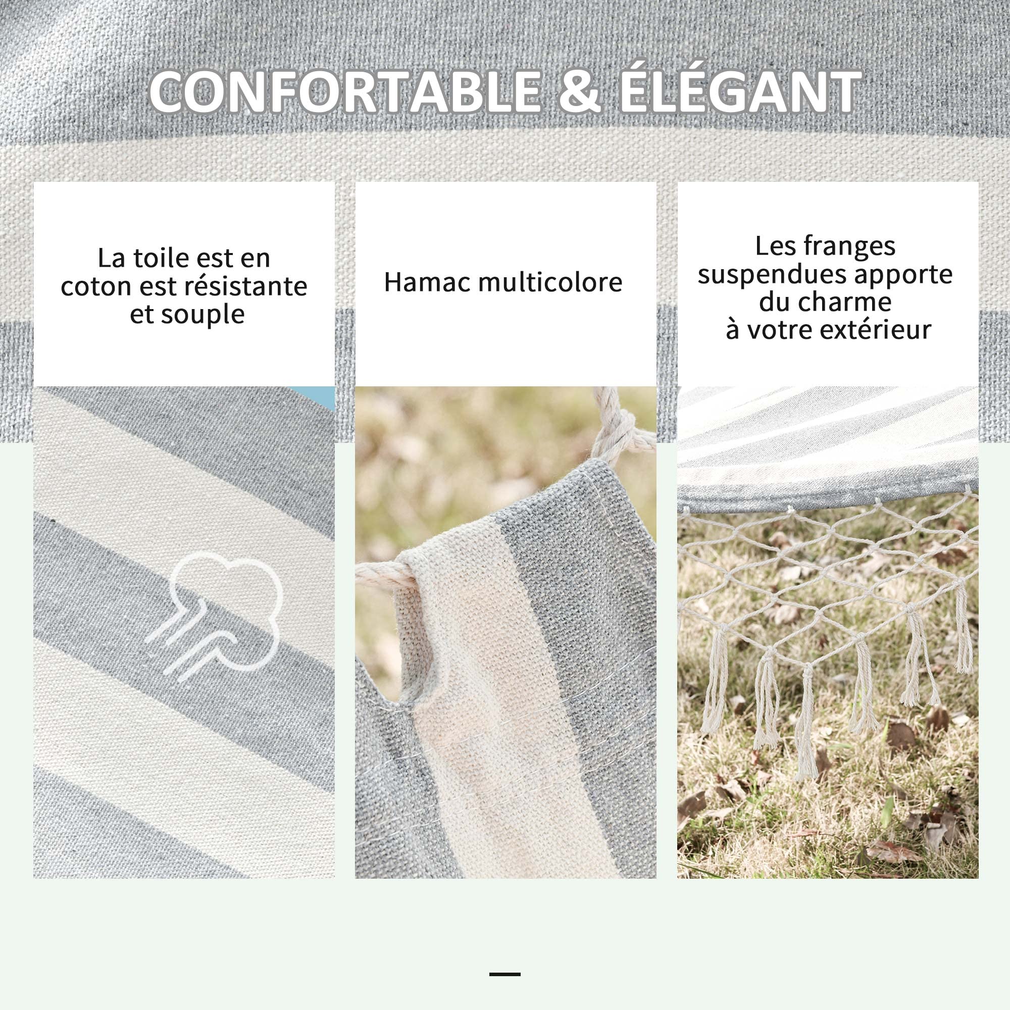 Outsunny Hamac de Voyage Portable Style Hippie Chic Toile de hamac dim. 2L x 1l m Coton Polyester Gris écru rayé
