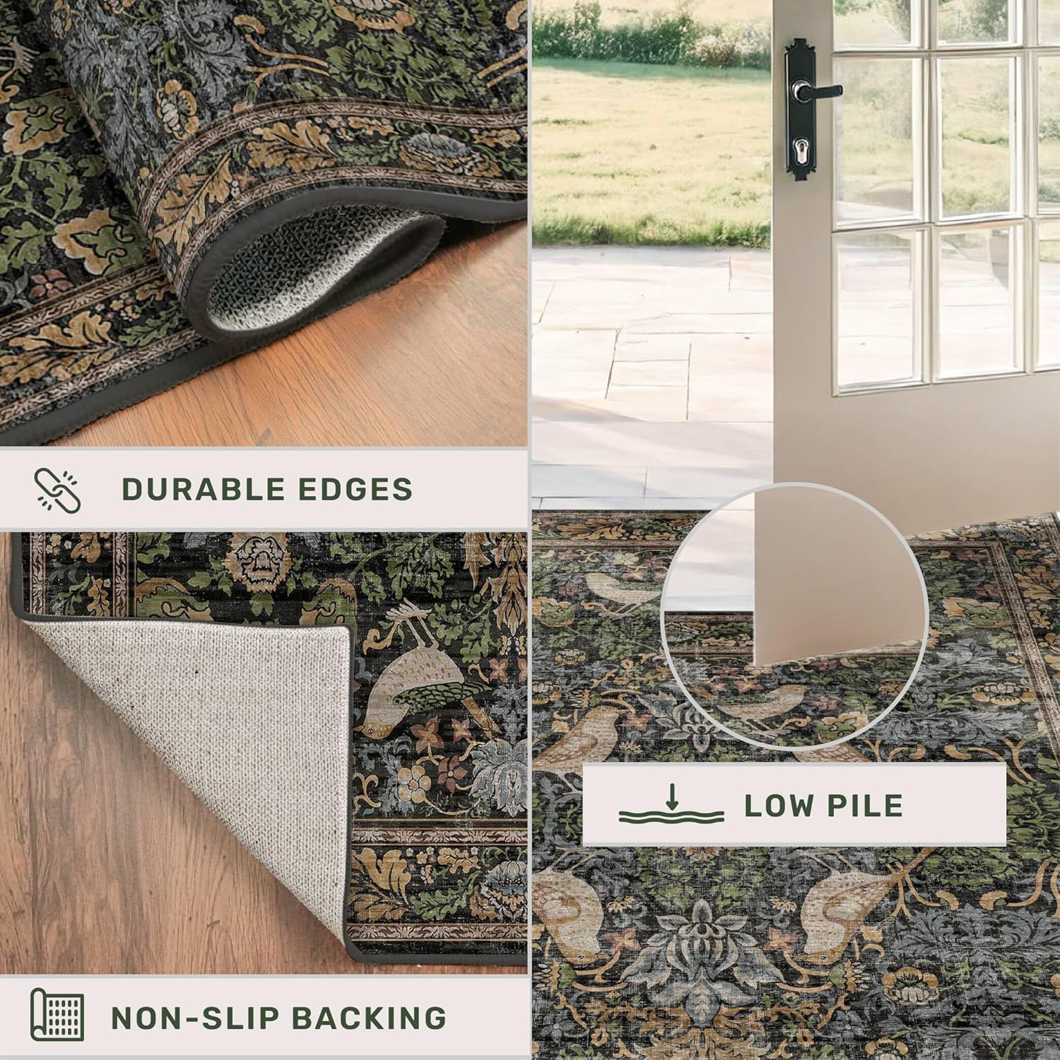 Vintage Runner Rugs for Hallways - 2'6"x10' Wide Kitchen Runners, 10 ft Long Entryway Rug, Botanical Pattern with Flowers and Leaves, Washable Non Slip Low Pile