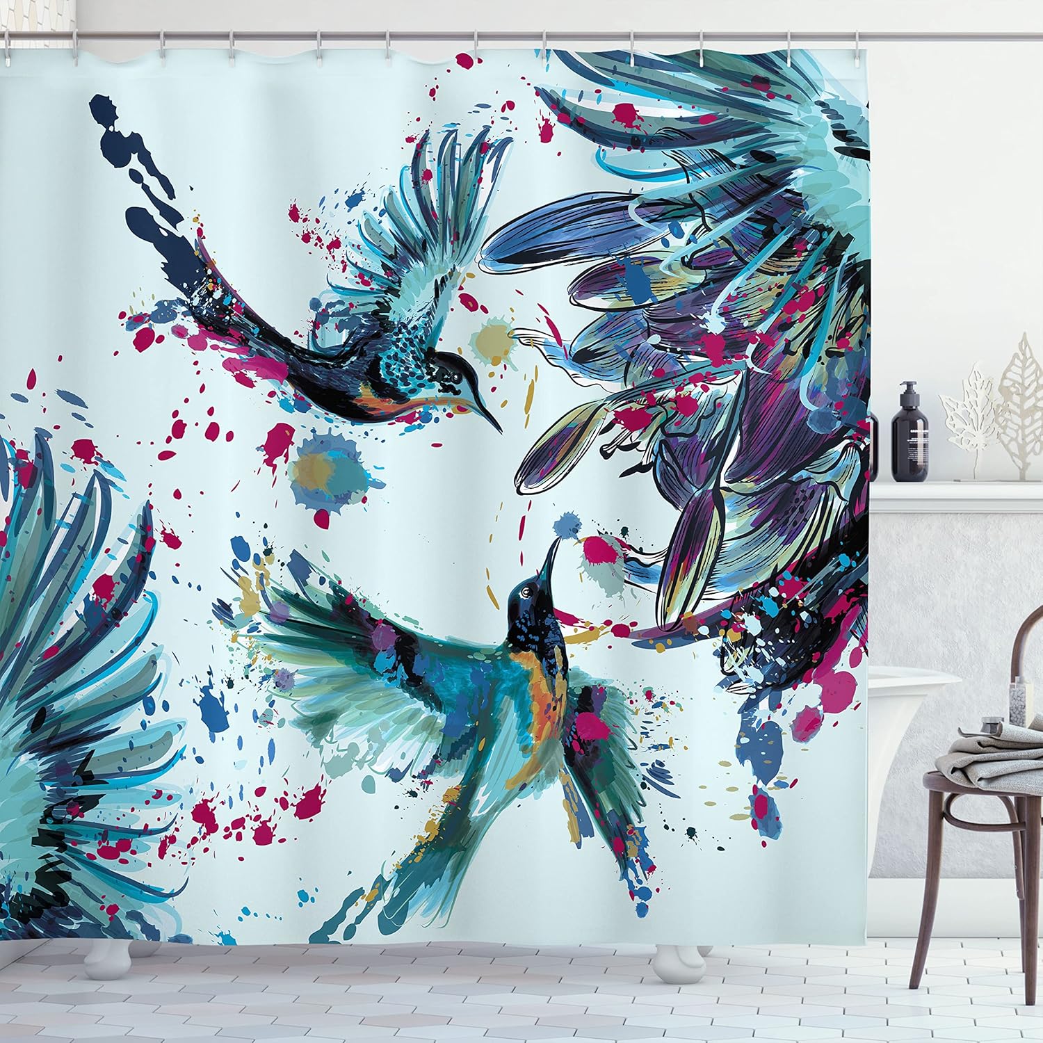 Ambesonne Hummingbird Shower Curtain, Art Lily Flowers Birds and Color Splashes in Watercolor Painting Style, Cloth Fabric Bathroom Decor Set with Hooks, 69" W x 70" L, Almond