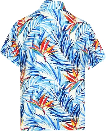 HAPPY BAY Men's Hawaiian Shirt Collared Aloha Medium Tropical Leaves Blue