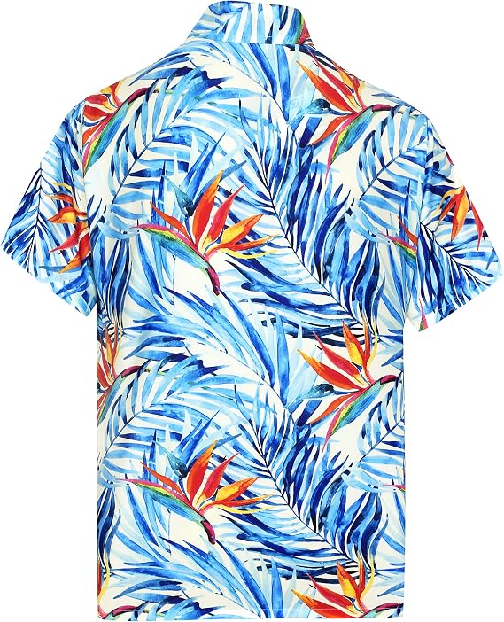 HAPPY BAY Men's Hawaiian Shirt Collared Aloha Medium Tropical Leaves Blue