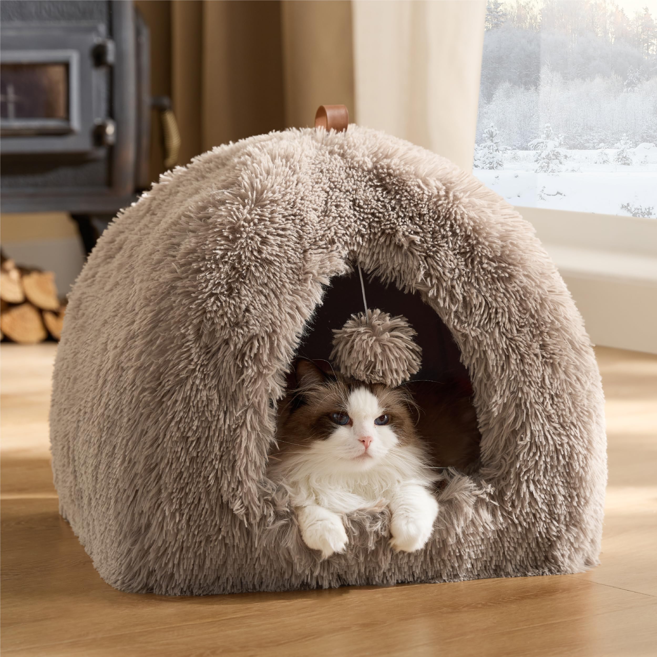 Bedsure Lit Grotte Chat Igloo - Maison Chat Moelleuse, 40x40cm | Coussin Amovible Lavable, Lit Animal Pliable Portable, Peluche Douce, Camel