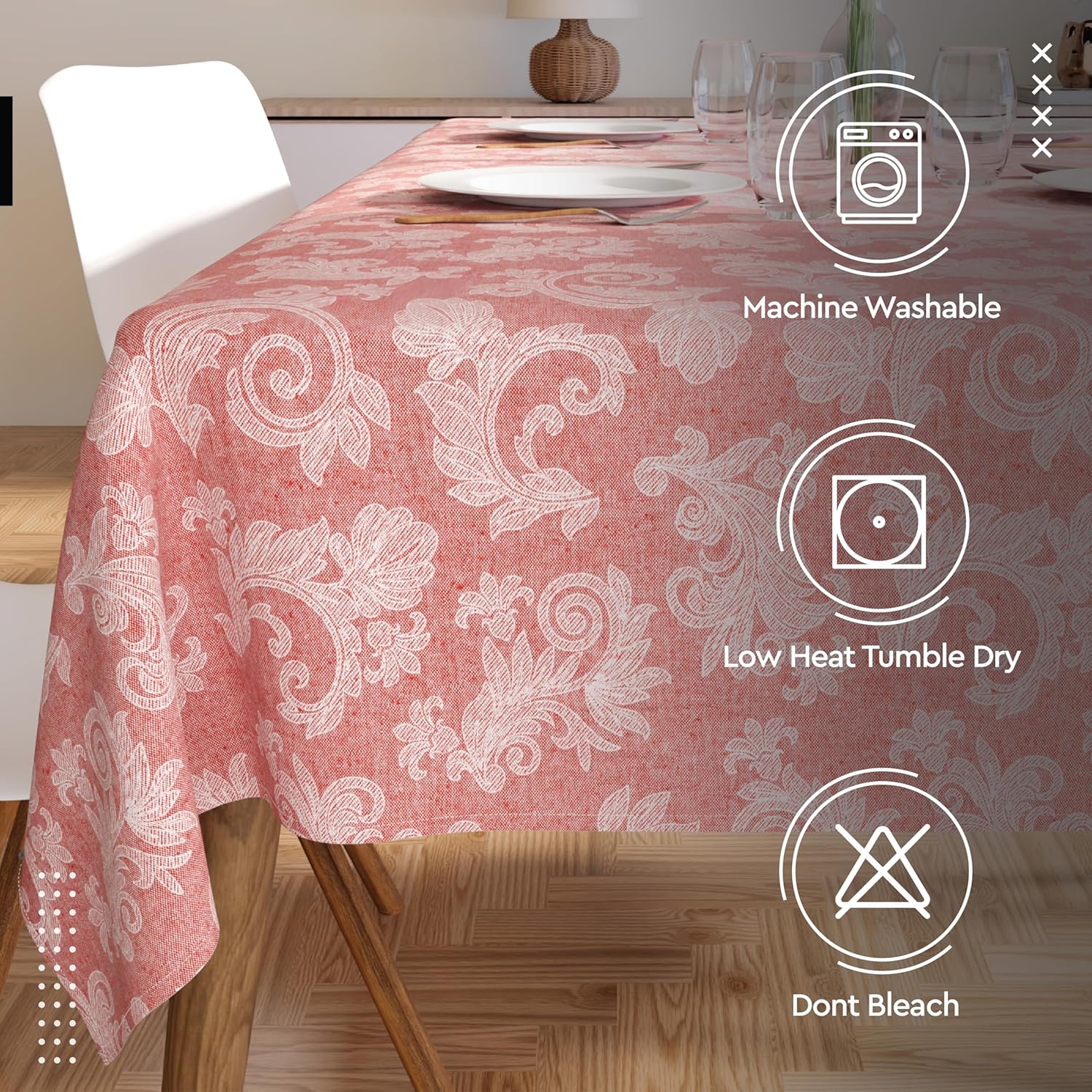 Encasa XO 8 to 10 Seater Dining Table Cloth 145x300 cm (57x118 in) I Floral Red Jacquard Style Print on Chambray Homespun Cotton I for Family Gatherings, Parties I Washable