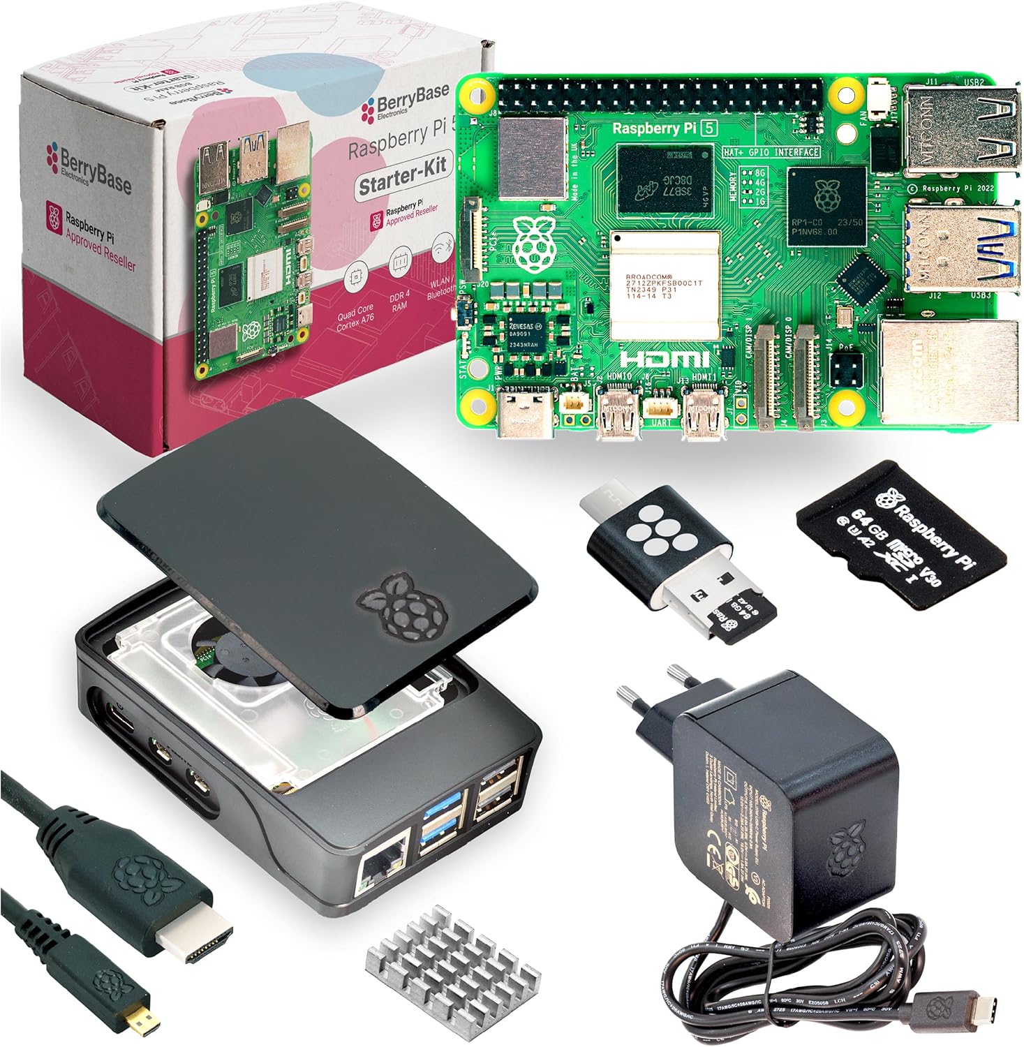 BerryBase Raspberry Pi 5 Starter Kit 1GB RAM - Official Bundle with Case Power Supply 27W MicroSD Pre-Installed with Raspberry Pi OS HDMI Cable Card Reader & Gift Box