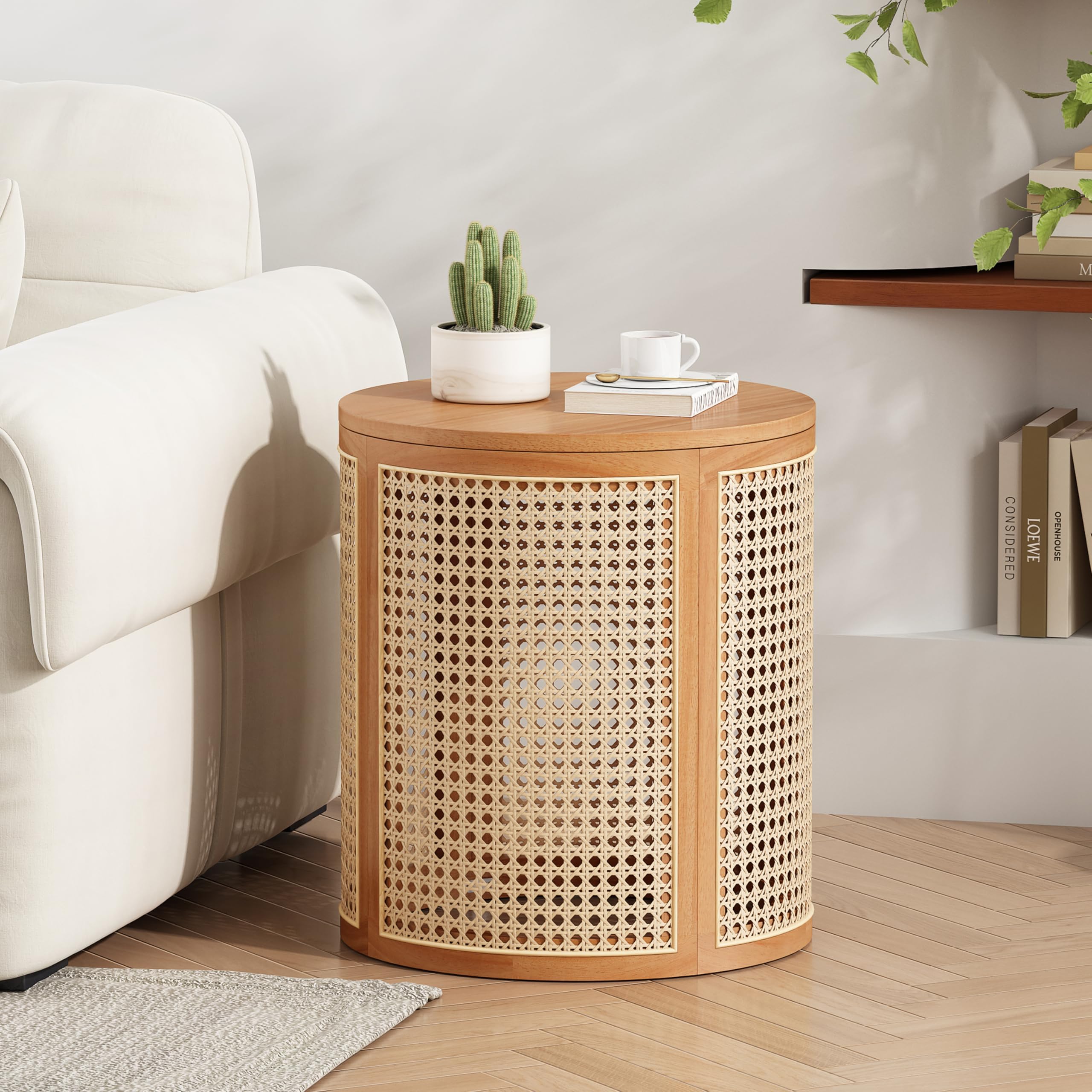 Aurl 15.70" Round End Table, Hollow Woven Side Table, Small Rubber Wood Nightstand, Rattan Woven Tea Desk, Round Wood Tabletop, Chic Home Deor Desk, Easy Assembly, Natural
