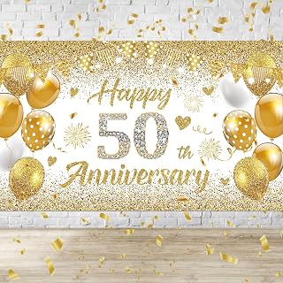 50th Wedding Anniversary Banner Decorations, White Gold Happy 50 Anniversary Party Supplies, Golden 50 th wedding anniversary decorations Decor Poster Photography for Backdrop 72.8x43.3 inches