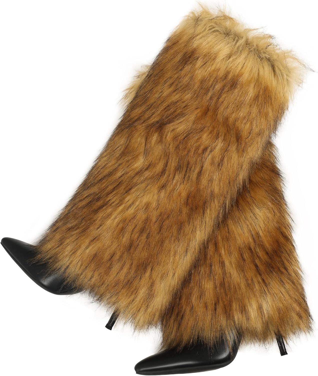 Kalstage Women Fur Knee High Boots Heels Wide Calf Fold Over Tall Boots for Party Evening Fashion Shows