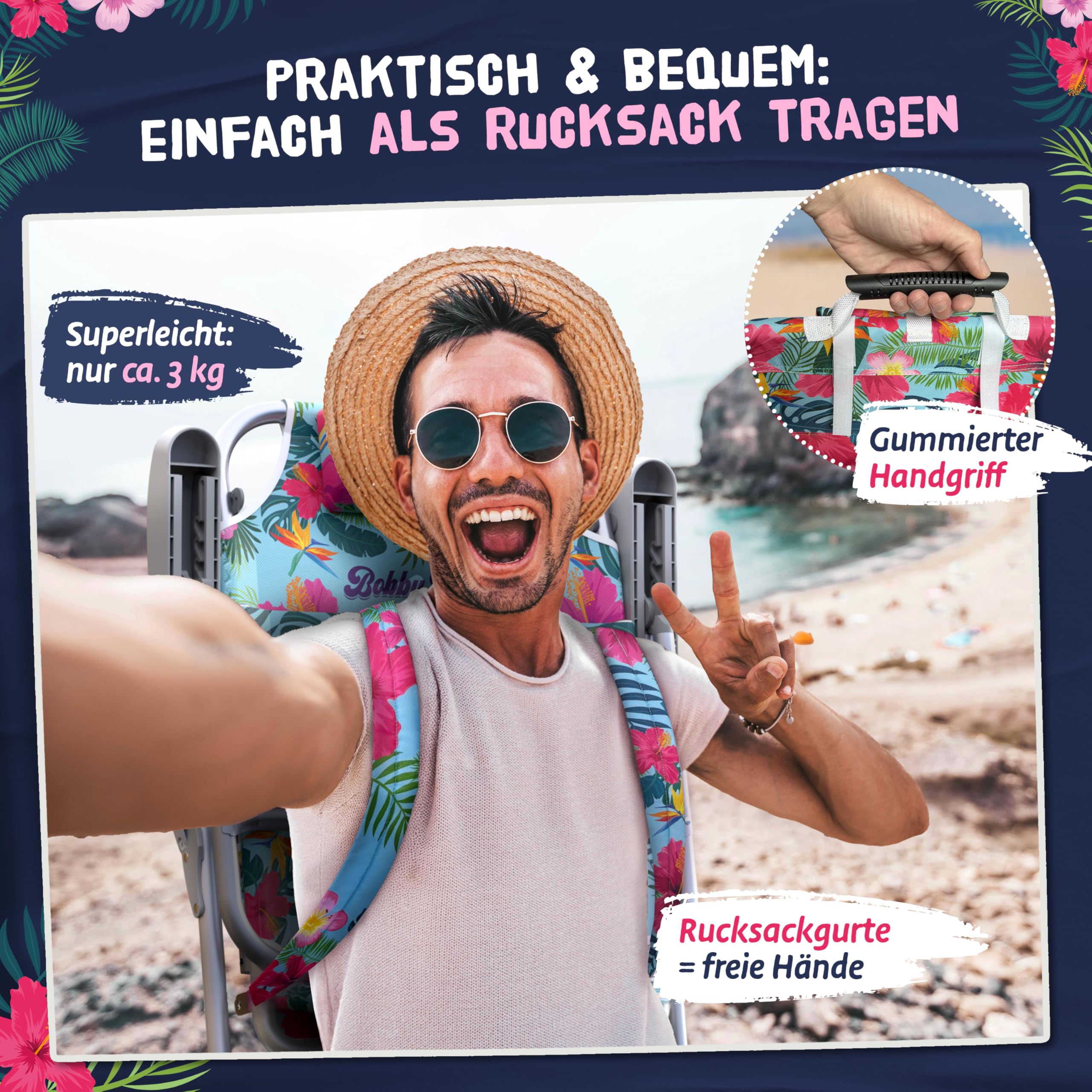 Bobby Beach Strandstuhl | Klappstuhl & Strandliege klappbar leicht als Rucksack zu tragen | Campingstuhl faltbar mit Getränkehalter & Taschen | Liege & Liegestuhl klappbar (Strandstuhl, Aqua Blue)