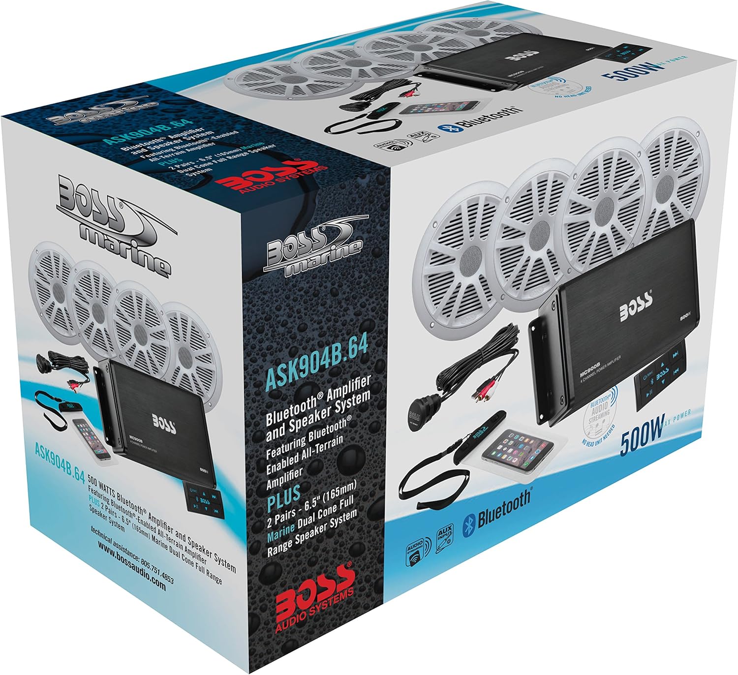 BOSS Audio Systems ASK904B.64 Marine Weatherproof Amplifier and Speaker Package - Full Range 500 Watt Amplifier With Bluetooth Remote, 6.5 Inch 180 Watt Full Range Speakers, No Receiver Needed, Black : Electronics