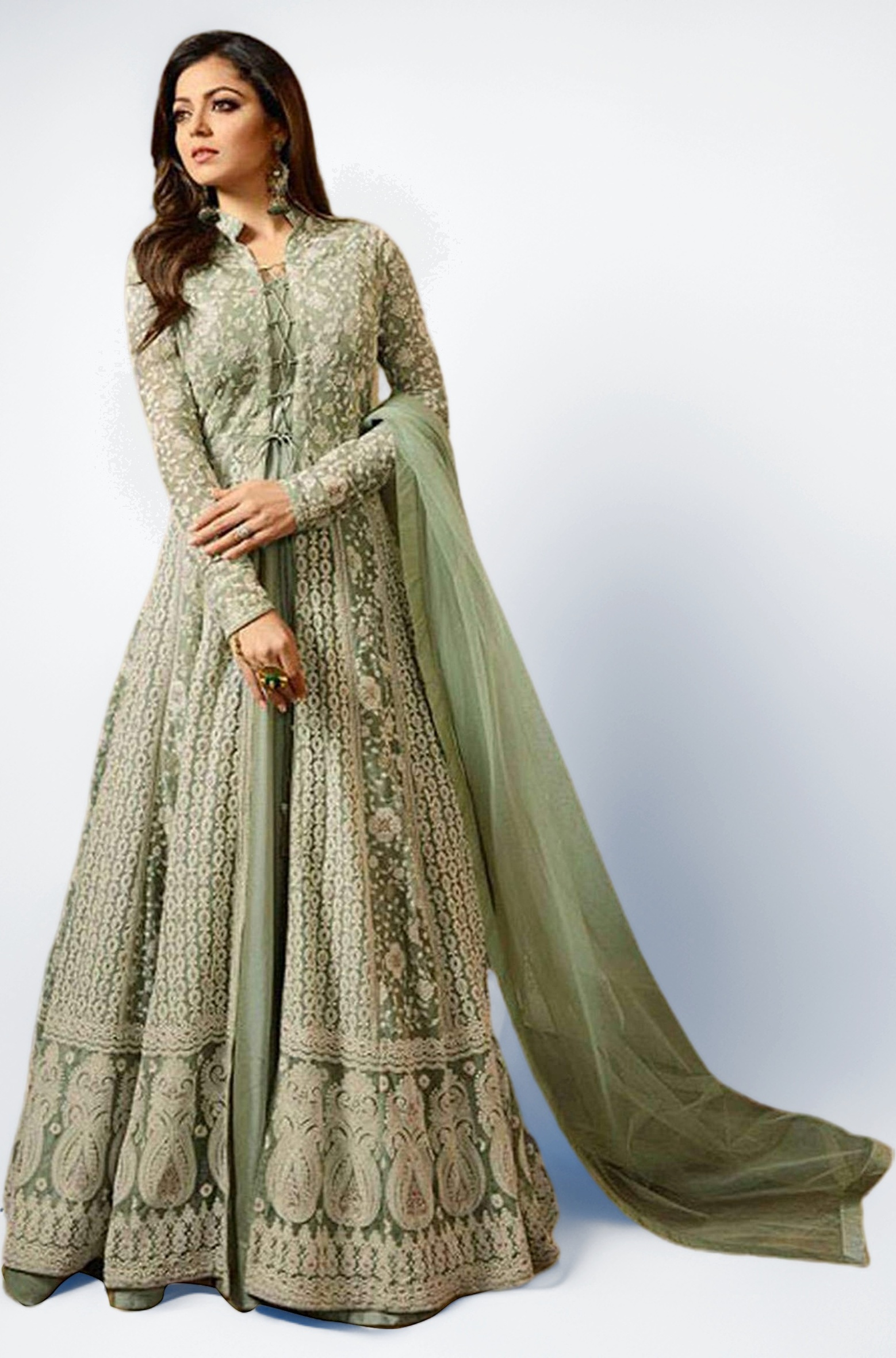 Miss Ethnik Women's Light Green Embroidered Flared Gown 945-Light Green