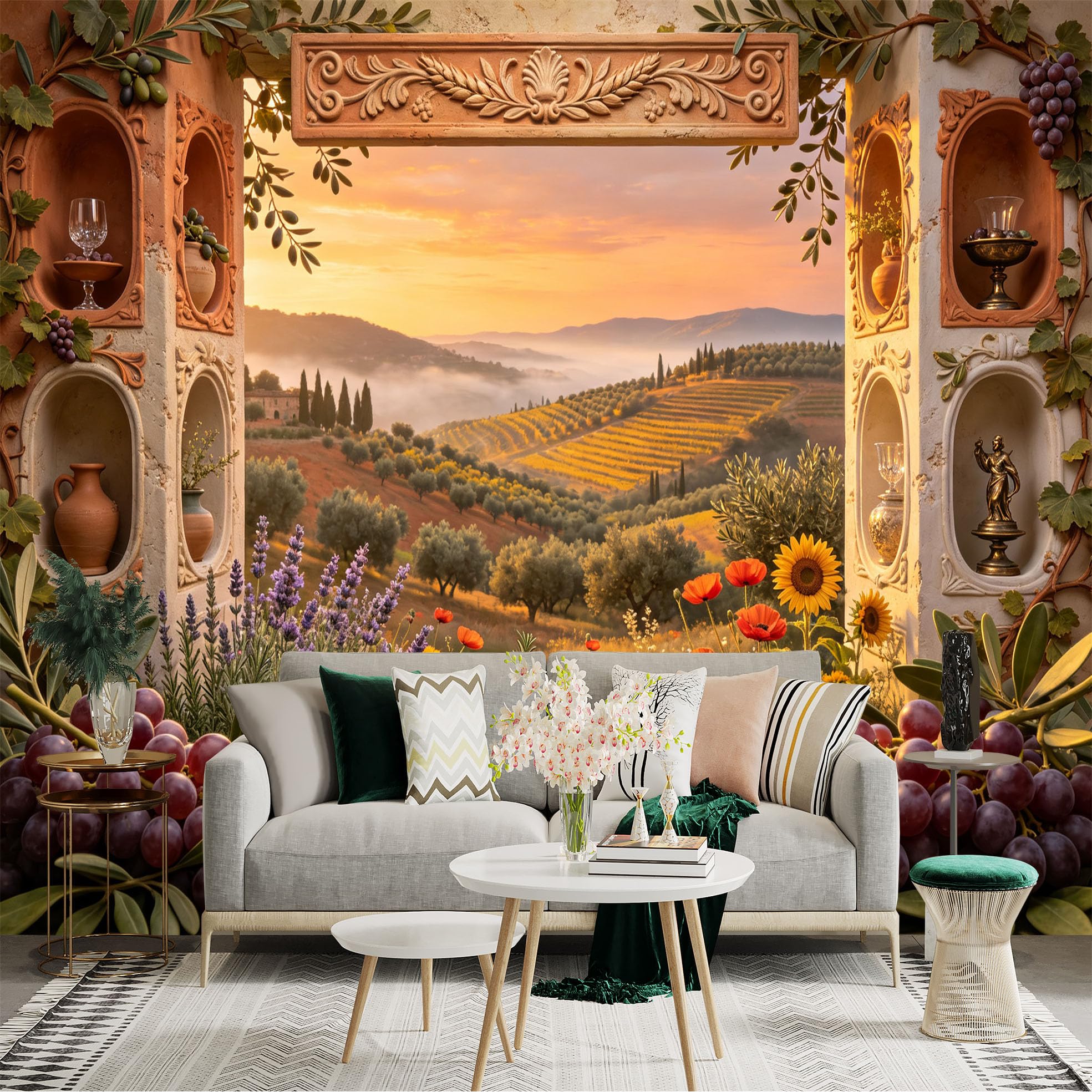 Lnzczhyre Bh260719695 Custom Size Wall Sticker Mural， Mediterranean Sunset Landscape， Vineyard View With Grapes And Lavender， Rustic Window Still Life， For Wall Decoration， Peelandstick Wall Decals.