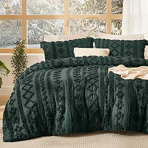 Bedsure Tufted Boho Comforter Set Twin Size - Emerald Green Boho Bed Set, GentleSoft™ 2 Pieces Farmhouse Shabby Chic Embroidery Bedding, Gifts for Woman, Soft Jacquard Twin Comforter for All Seasons