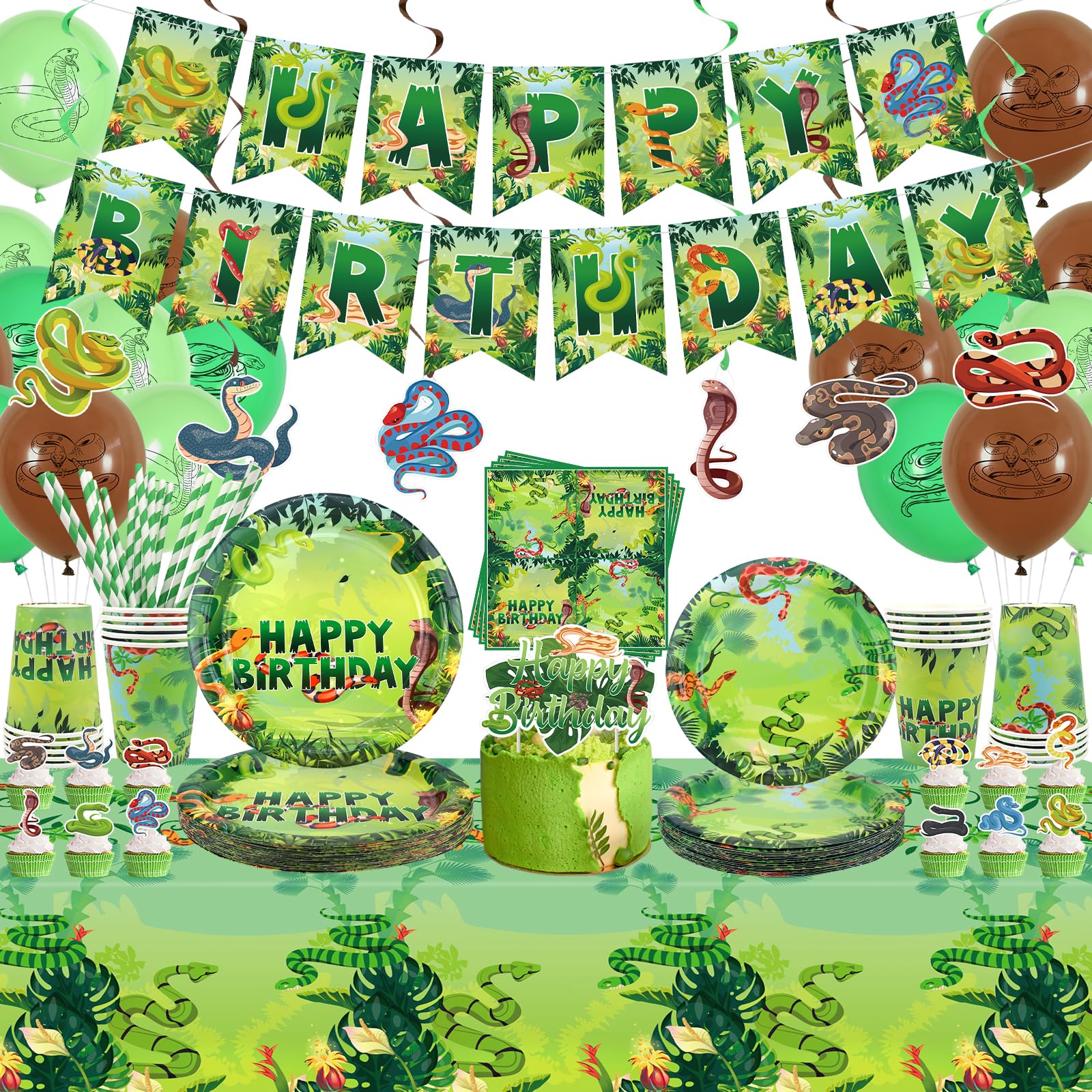 Snake Décorations de fête d'anniversaire – Accessoires de fête serpent comprenant bannière, assiette, décoration de gâteau, tasse, serviette, ballon, nappe – 20 personnes (LQ)